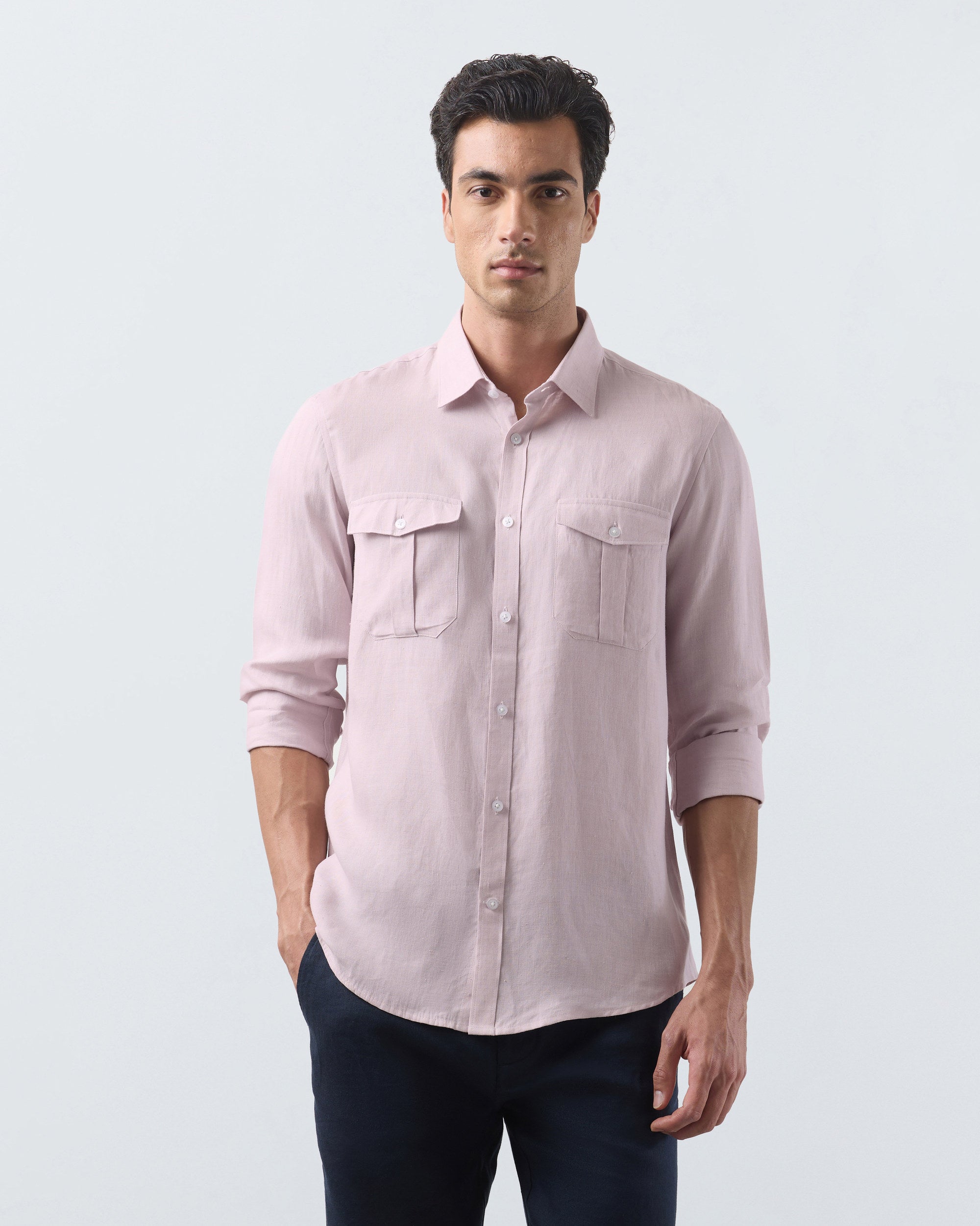 KANSO Dusty Pink Linen Shirt, long sleeve, front #Sleeve_Long