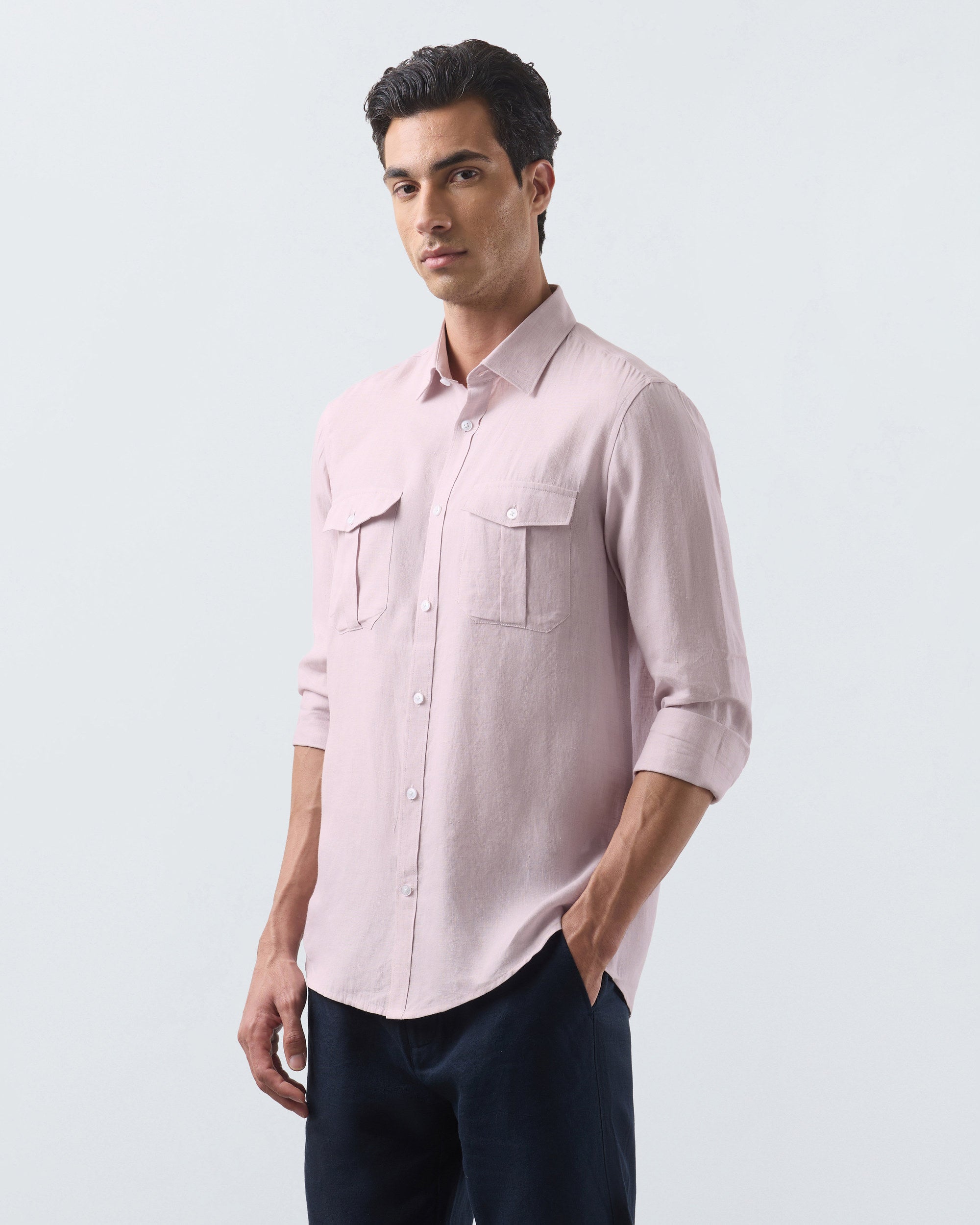 KANSO Dusty Pink Linen Shirt, long sleeve, hand in pocket #Sleeve_Long