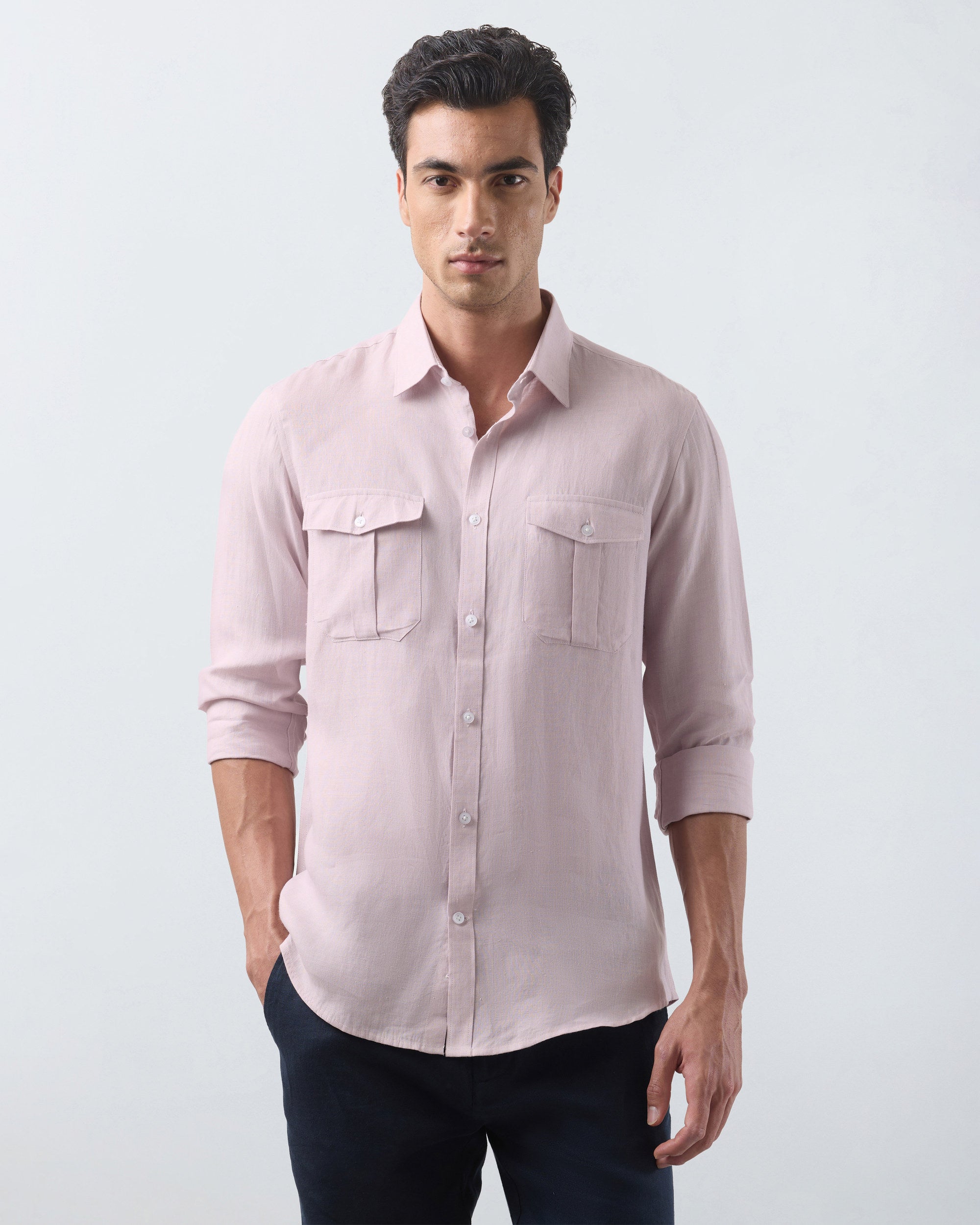 KANSO Dusty Pink Linen Shirt, long sleeve, three quarter view #Sleeve_Long
