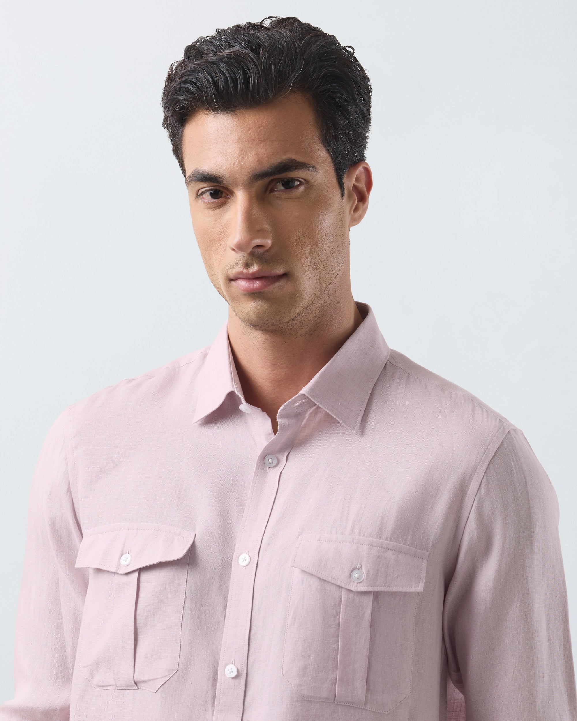 KANSO Dusty Pink Linen Shirt, long sleeve, collar detail #Sleeve_Long