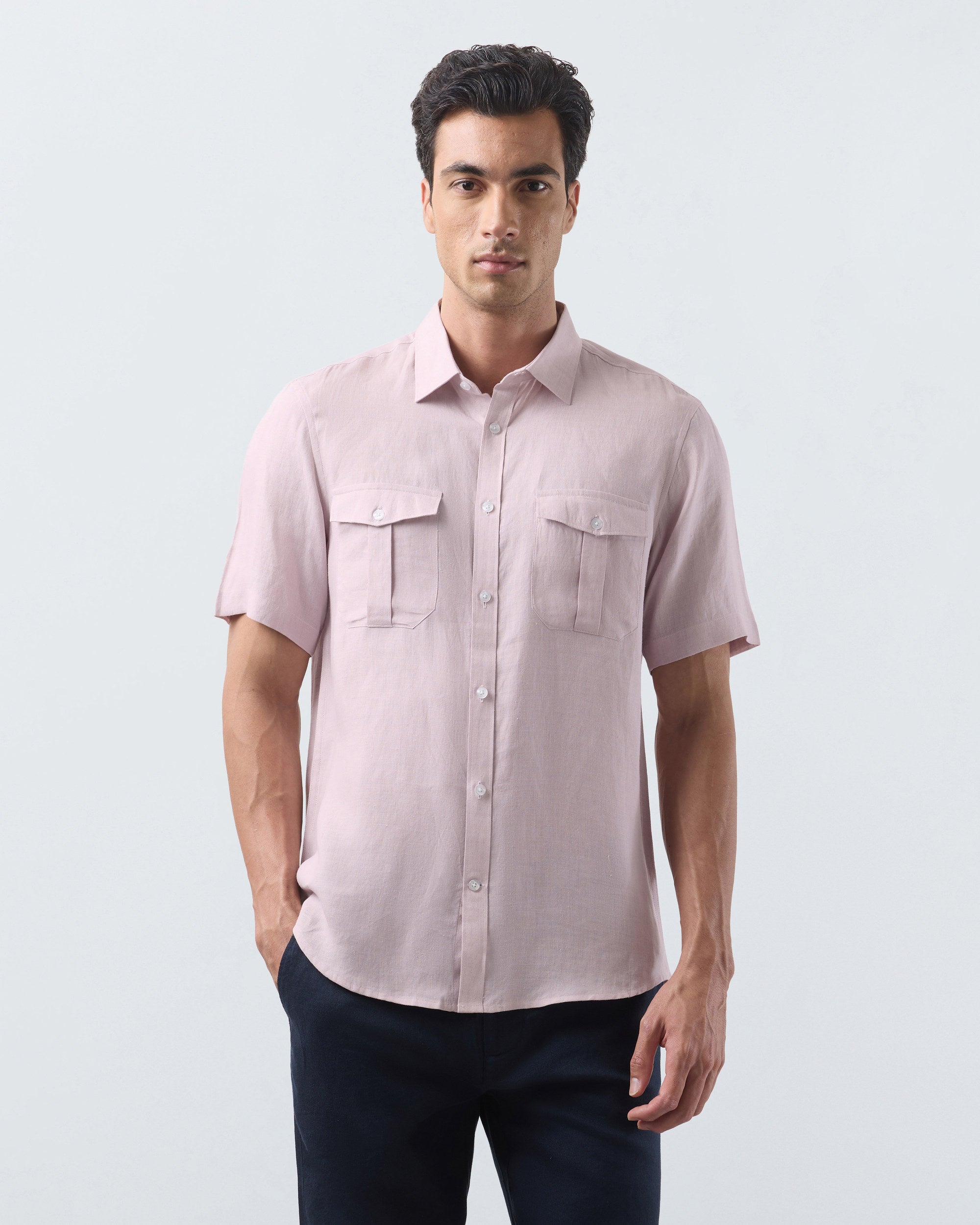 KANSO Dusty Pink Linen Shirt, short sleeve, front #Sleeve_Short