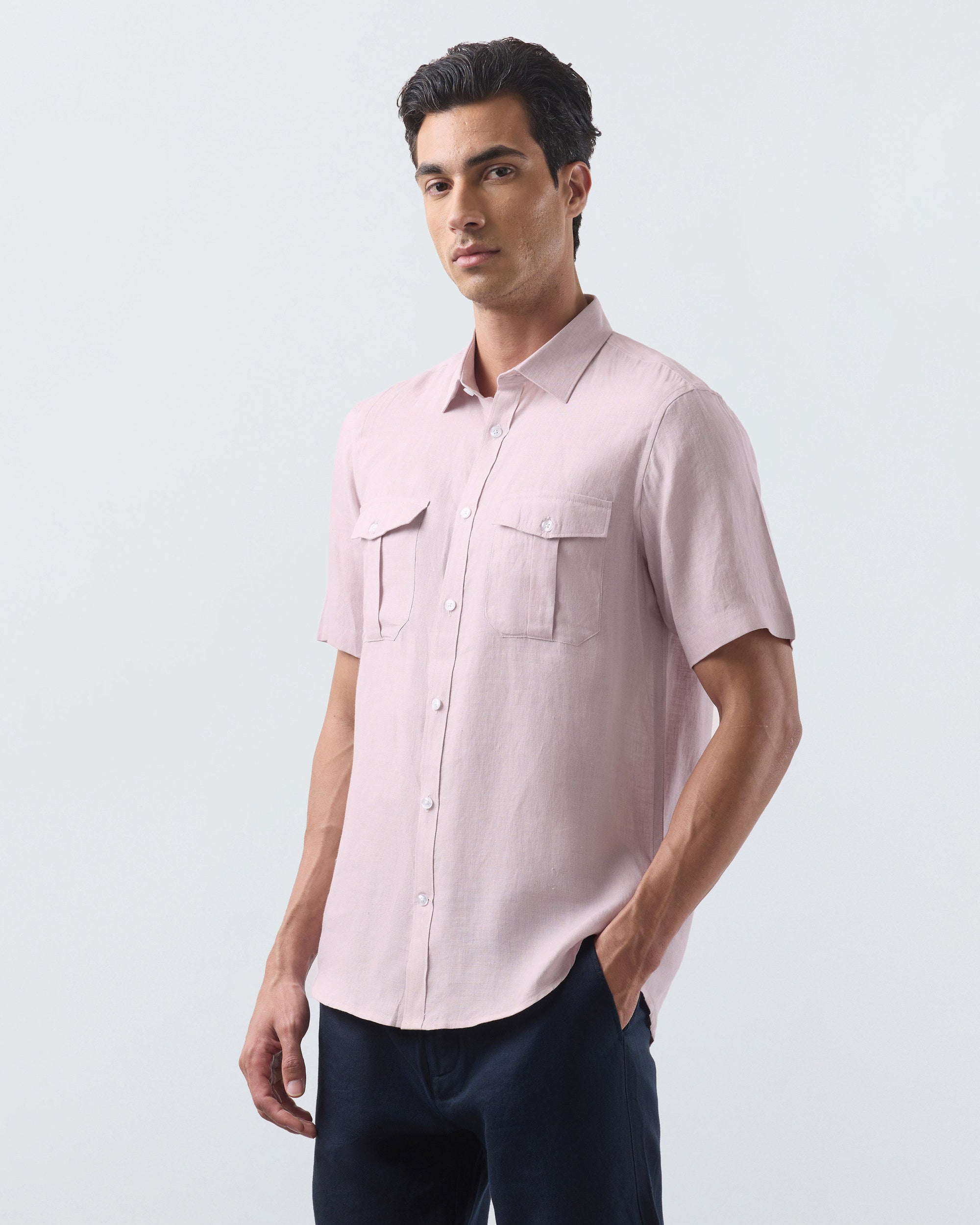KANSO Dusty Pink Linen Shirt, short sleeve, hand in pocket #Sleeve_Short