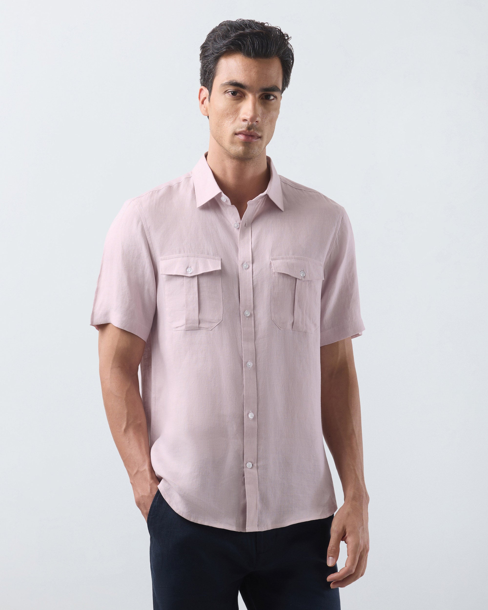 KANSO Dusty Pink Linen Shirt, short sleeve, three quarter view #Sleeve_Short