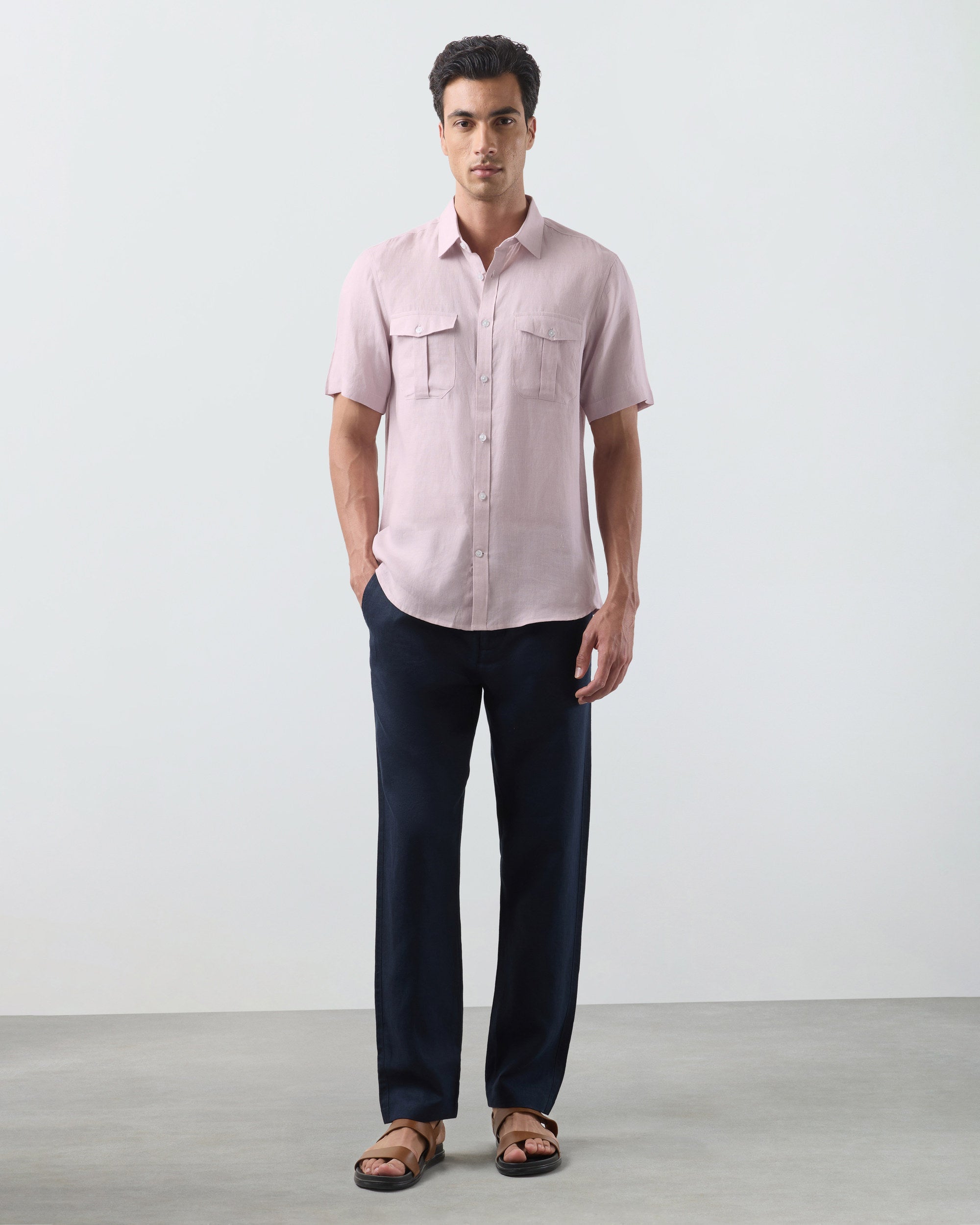 KANSO Dusty Pink Linen Shirt, short sleeve, full length #Sleeve_Short