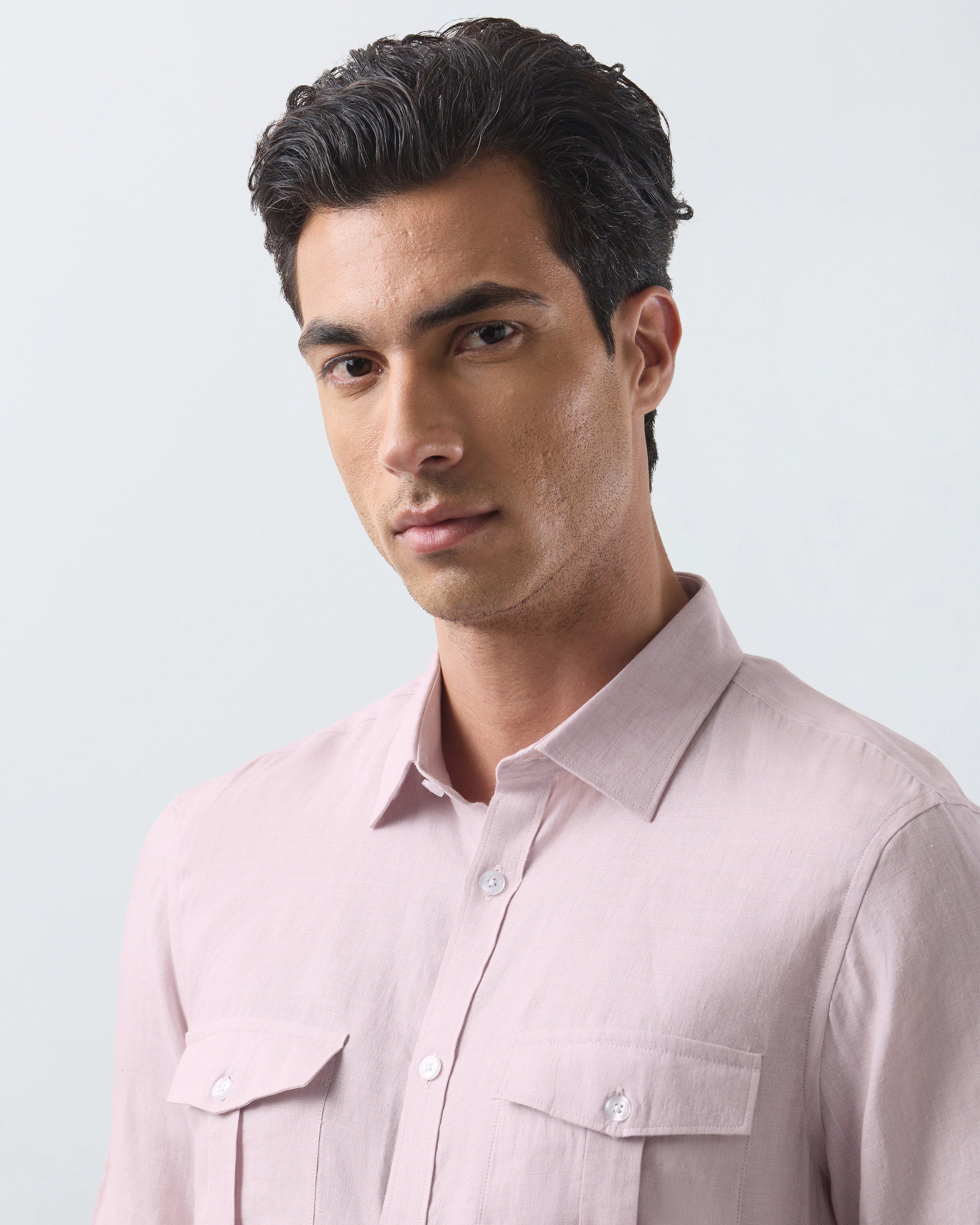 KANSO Dusty Pink Linen Shirt, short sleeve, collar detail #Sleeve_Short
