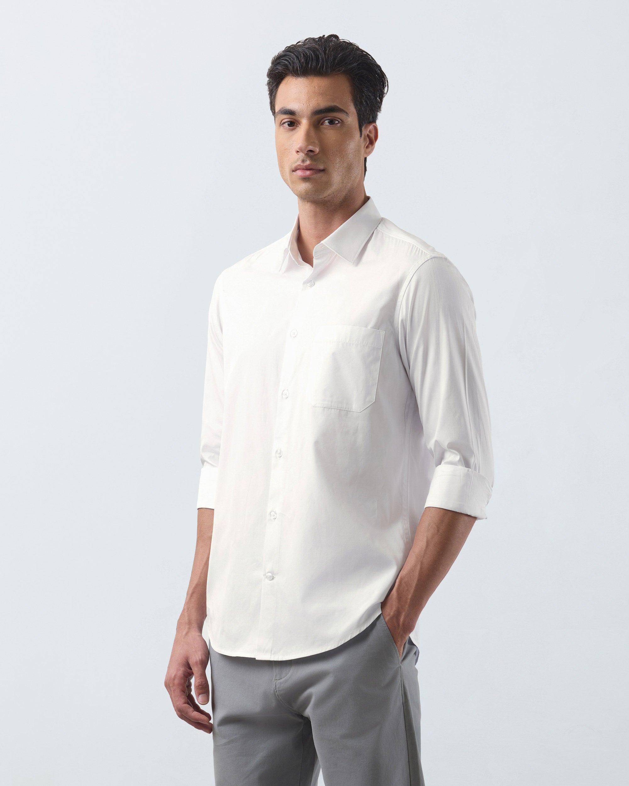 KANSO Ecru Dress Shirt, hand in pocket