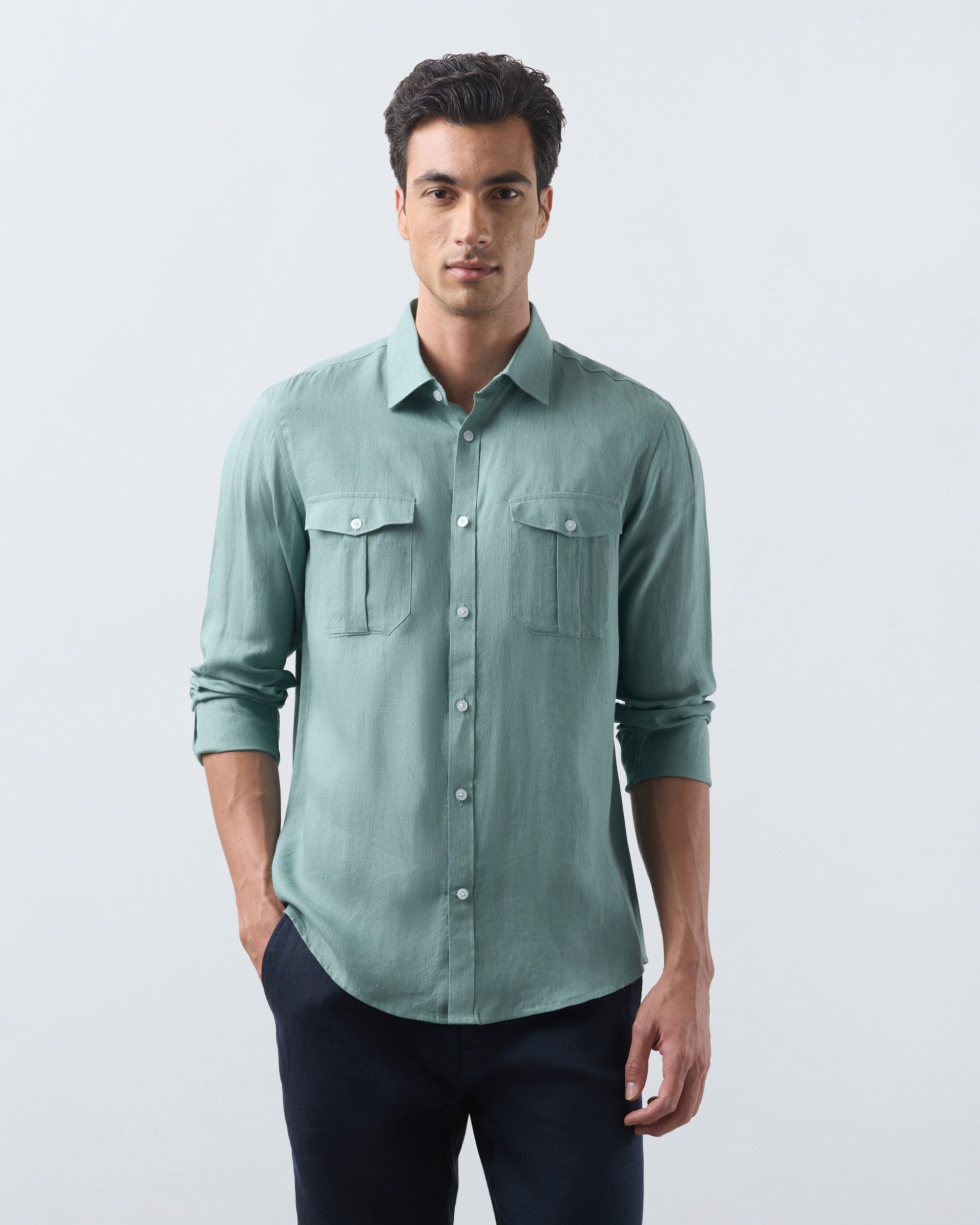 KANSO Green Linen Shirt, long sleeve, front #Sleeve_Long