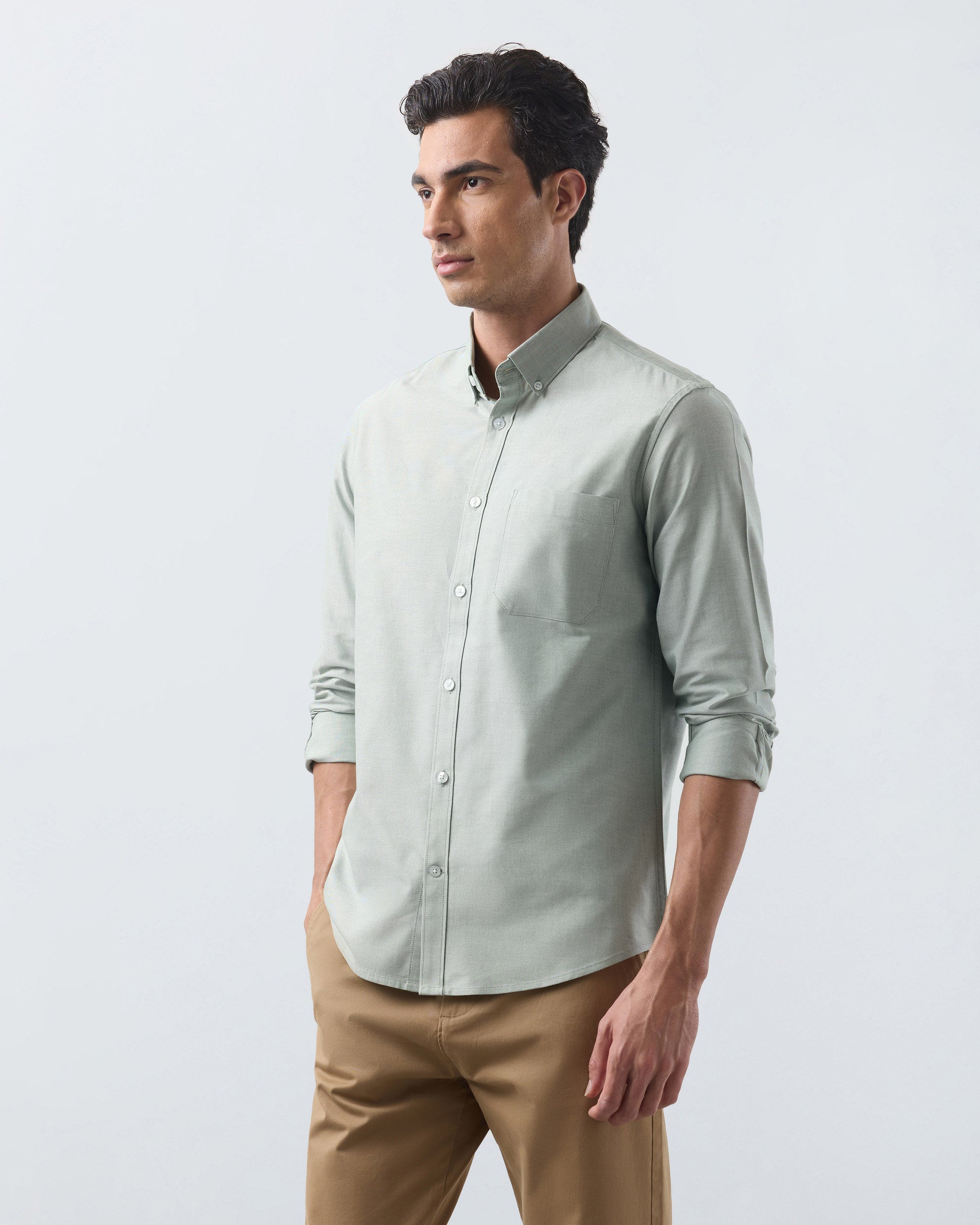 KANSO Green Oxford Shirt, long sleeve, hand in pocket #Sleeve_Long