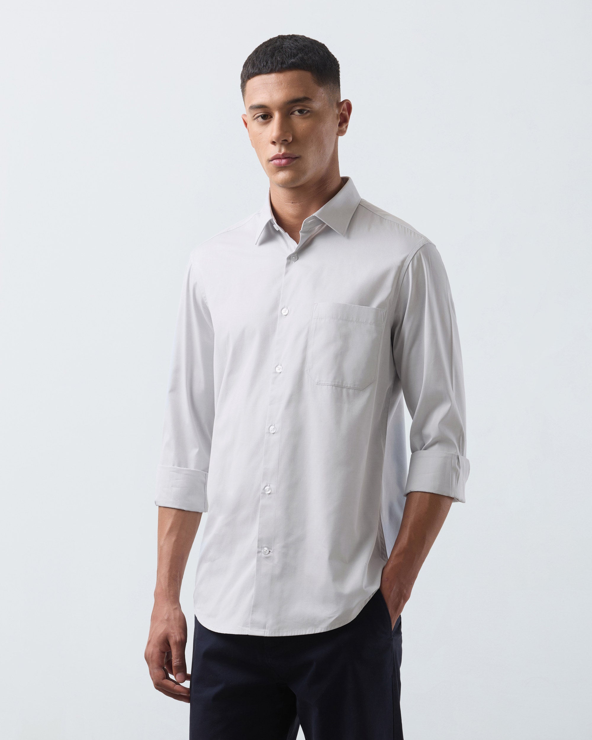 KANSO Grey Dress Shirt, hand in pocket