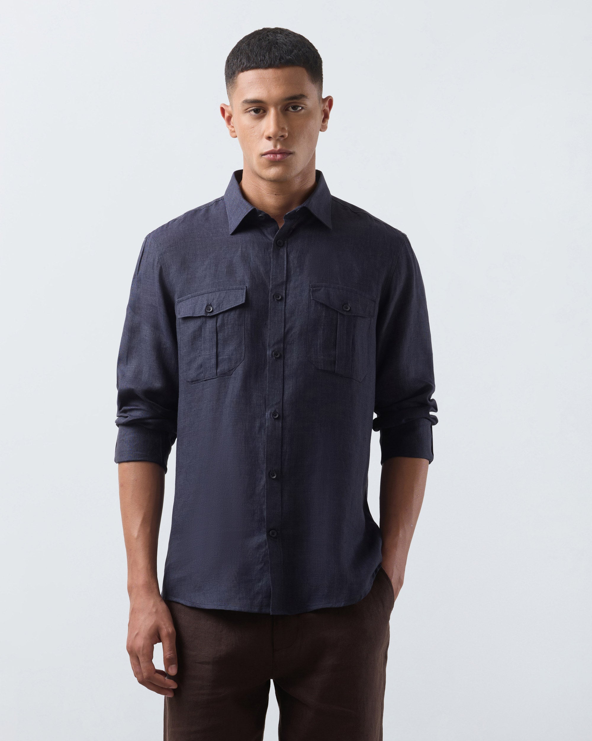 KANSO Navy Blue Linen Shirt, long sleeve, hand in pocket #Sleeve_Long