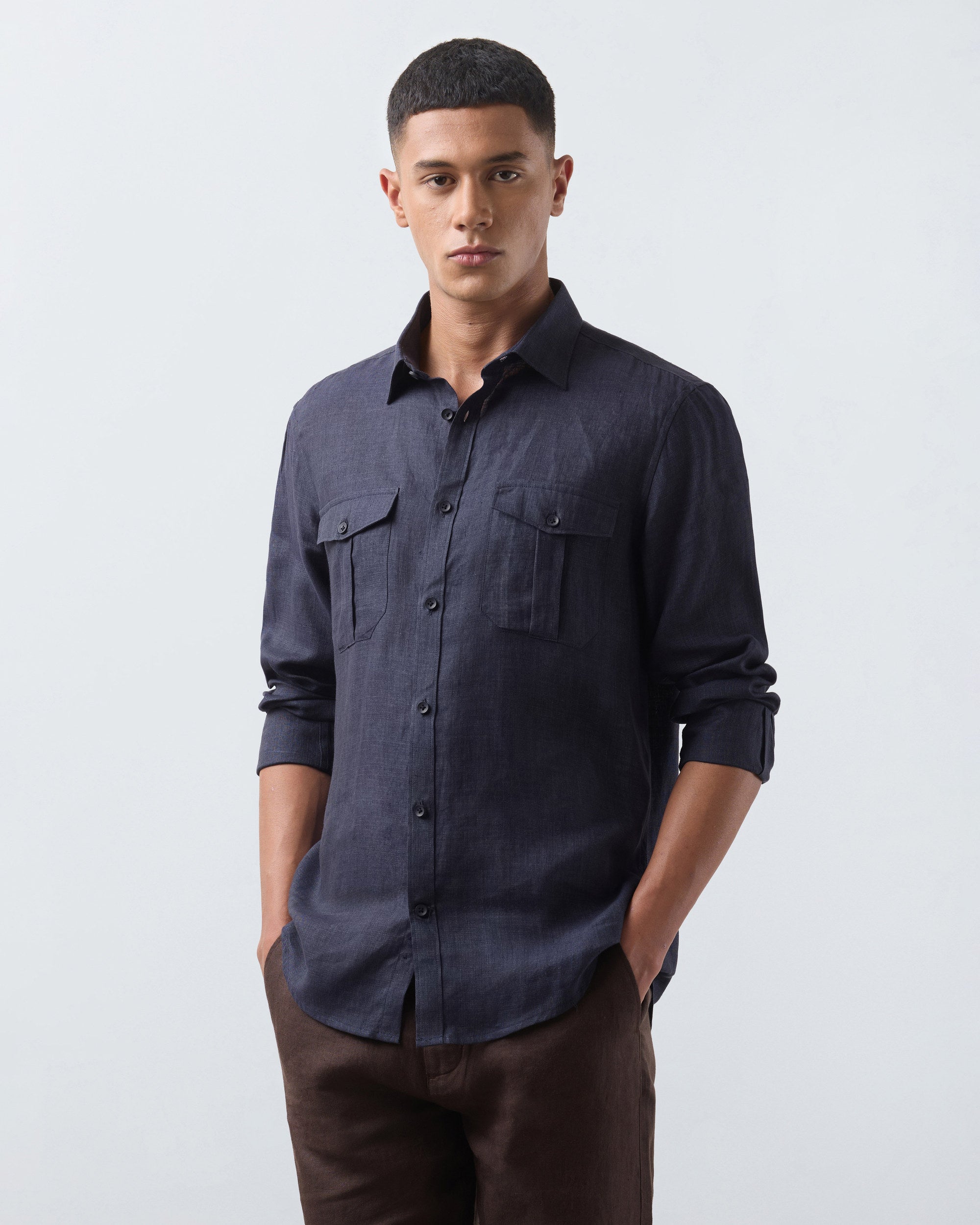 KANSO Navy Blue Linen Shirt, long sleeve, three quarter view #Sleeve_Long
