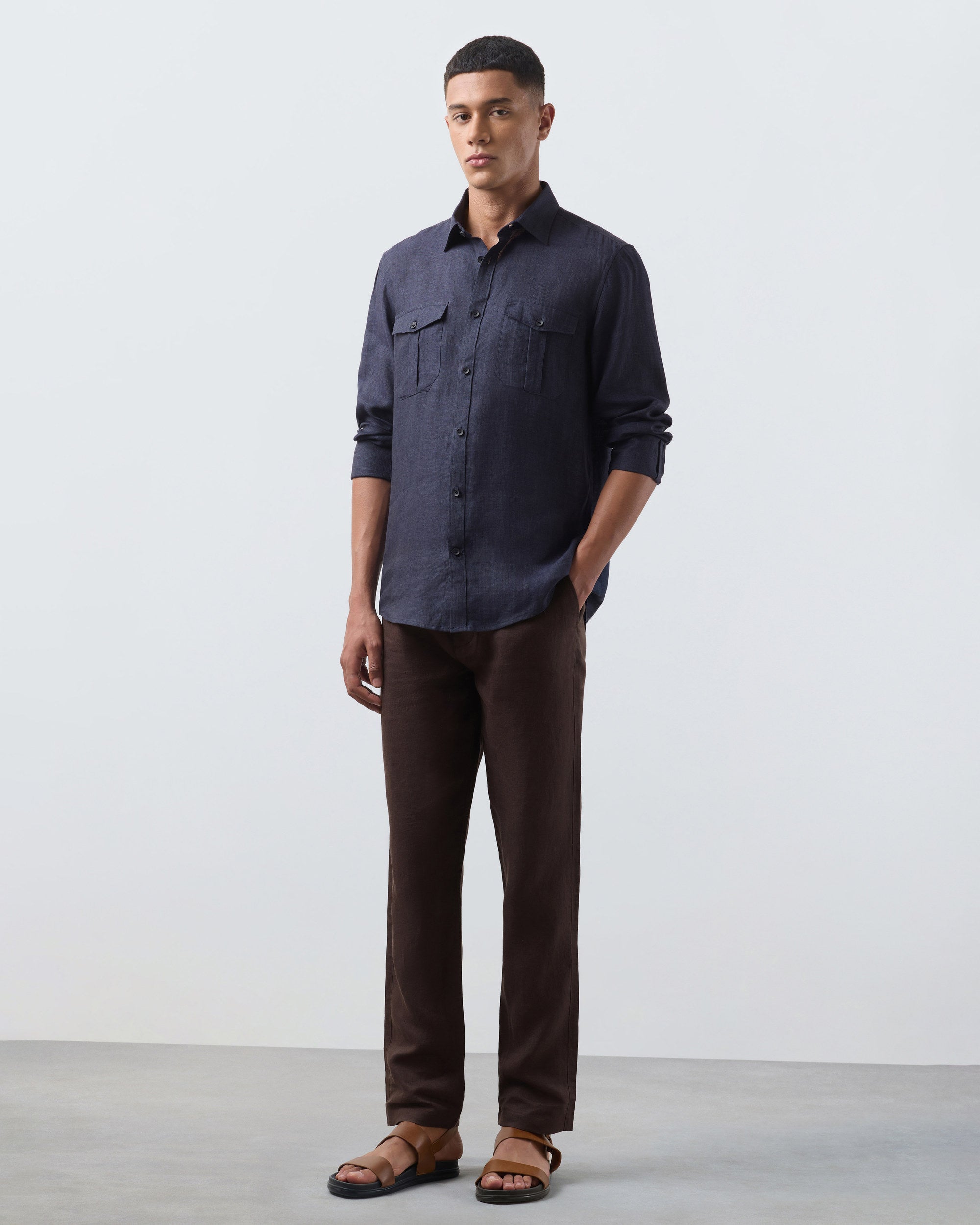 KANSO Navy Blue Linen Shirt, long sleeve, full length #Sleeve_Long