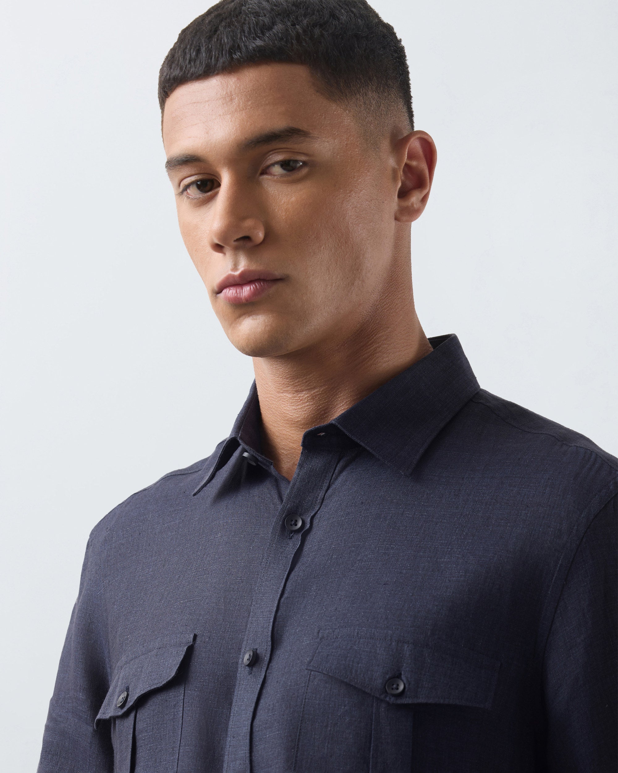 KANSO Navy Blue Linen Shirt, short sleeve, collar detail #Sleeve_Short