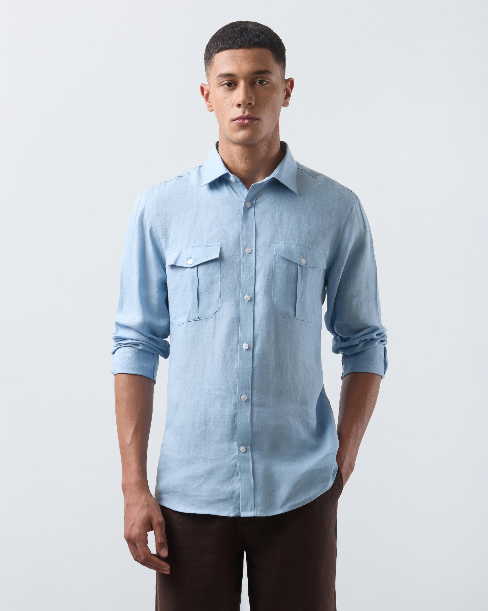 KANSO Sky Blue Linen Shirt, long sleeve, front #Sleeve_Long