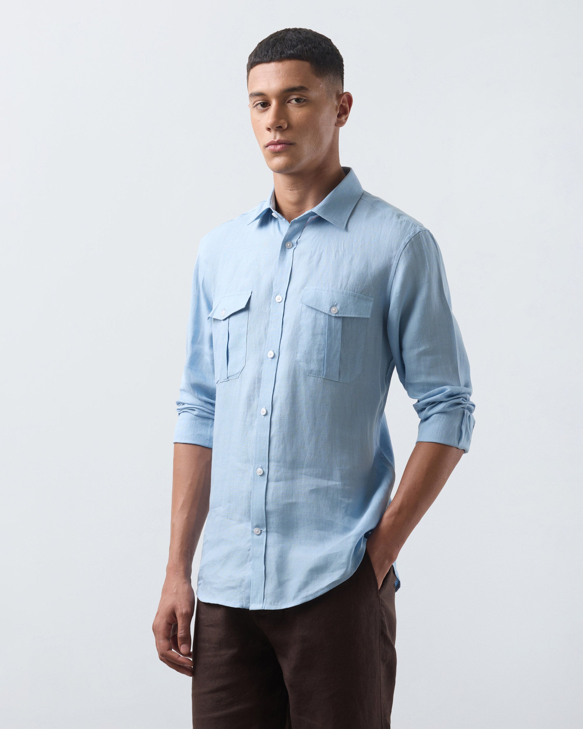 KANSO Sky Blue Linen Shirt, long sleeve, hand in pocket #Sleeve_Long