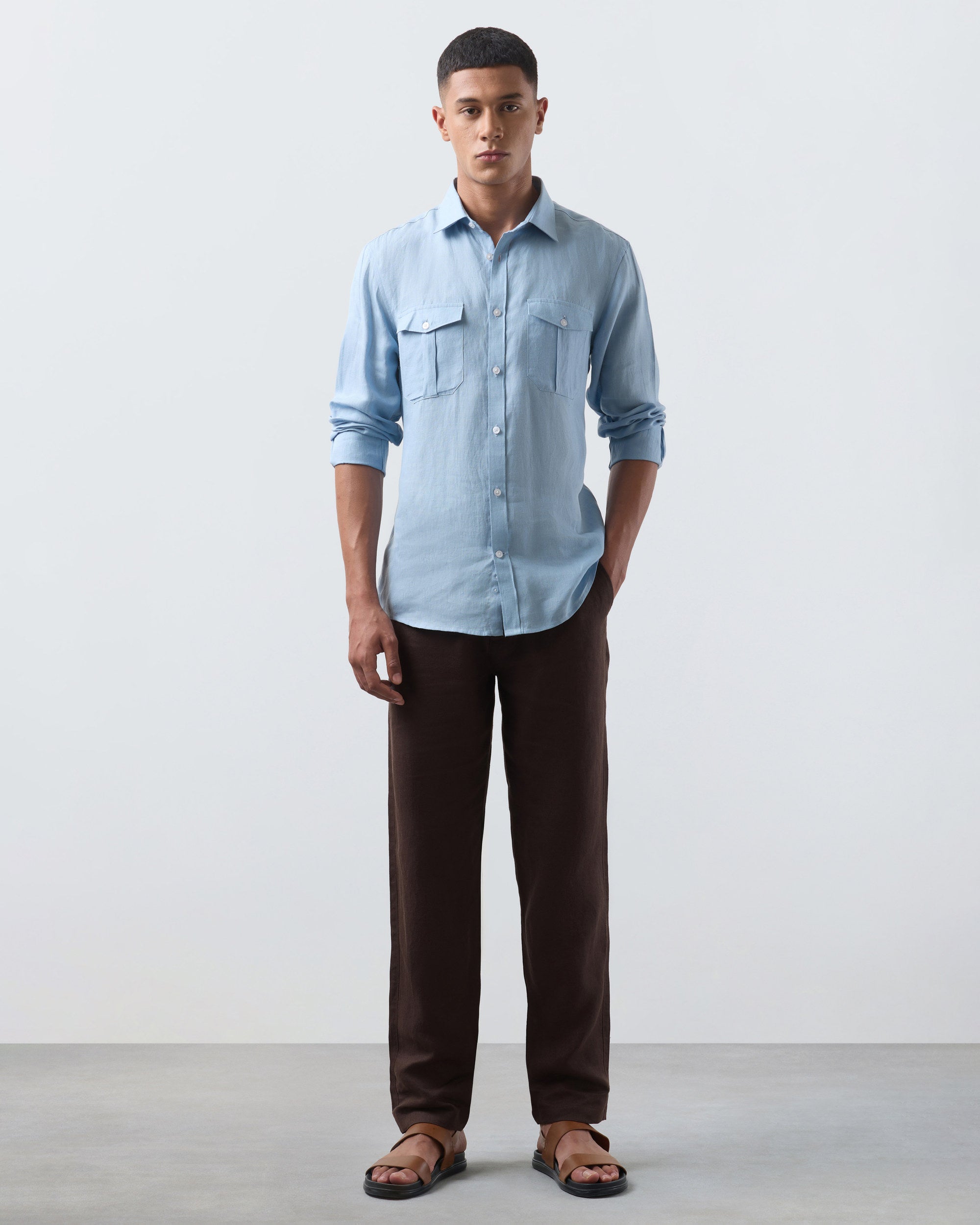 KANSO Sky Blue Linen Shirt, long sleeve, full length #Sleeve_Long