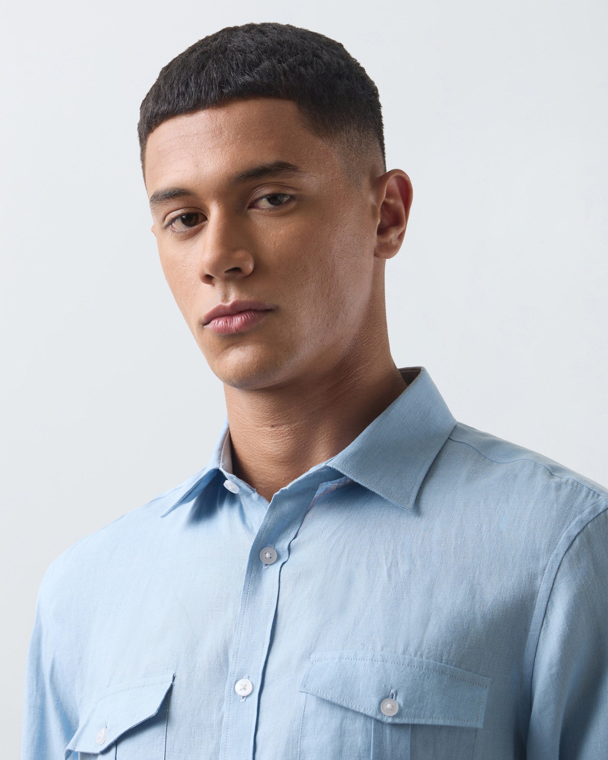 KANSO Sky Blue Linen Shirt, long sleeve, collar detail #Sleeve_Long