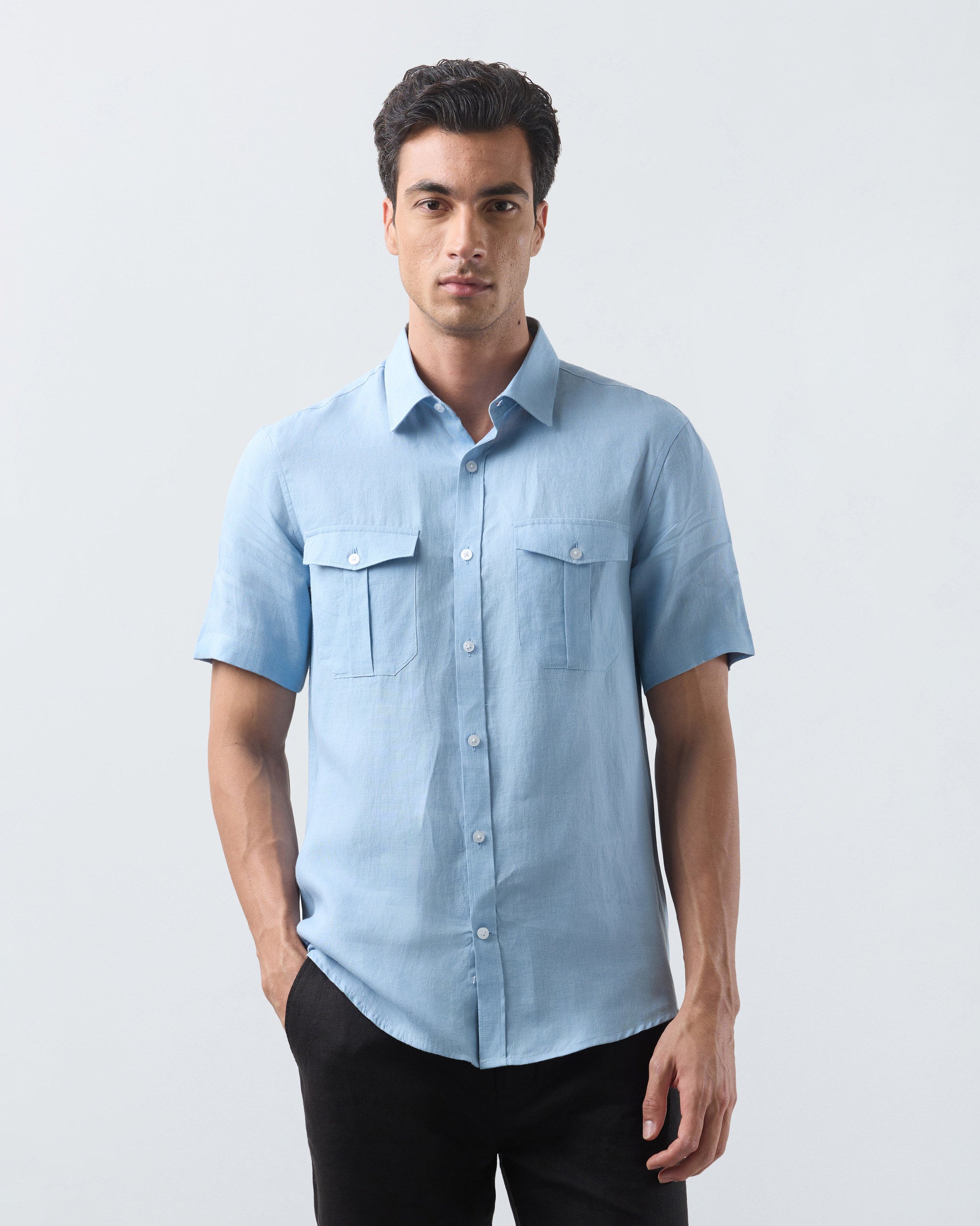 KANSO Sky Blue Linen Shirt, short sleeve, front #Sleeve_Short