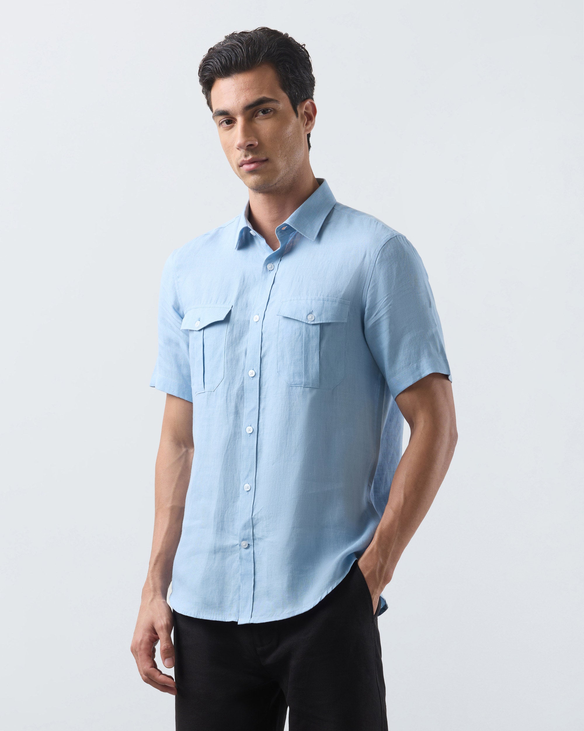 KANSO Sky Blue Linen Shirt, short sleeve, hand in pocket #Sleeve_Short