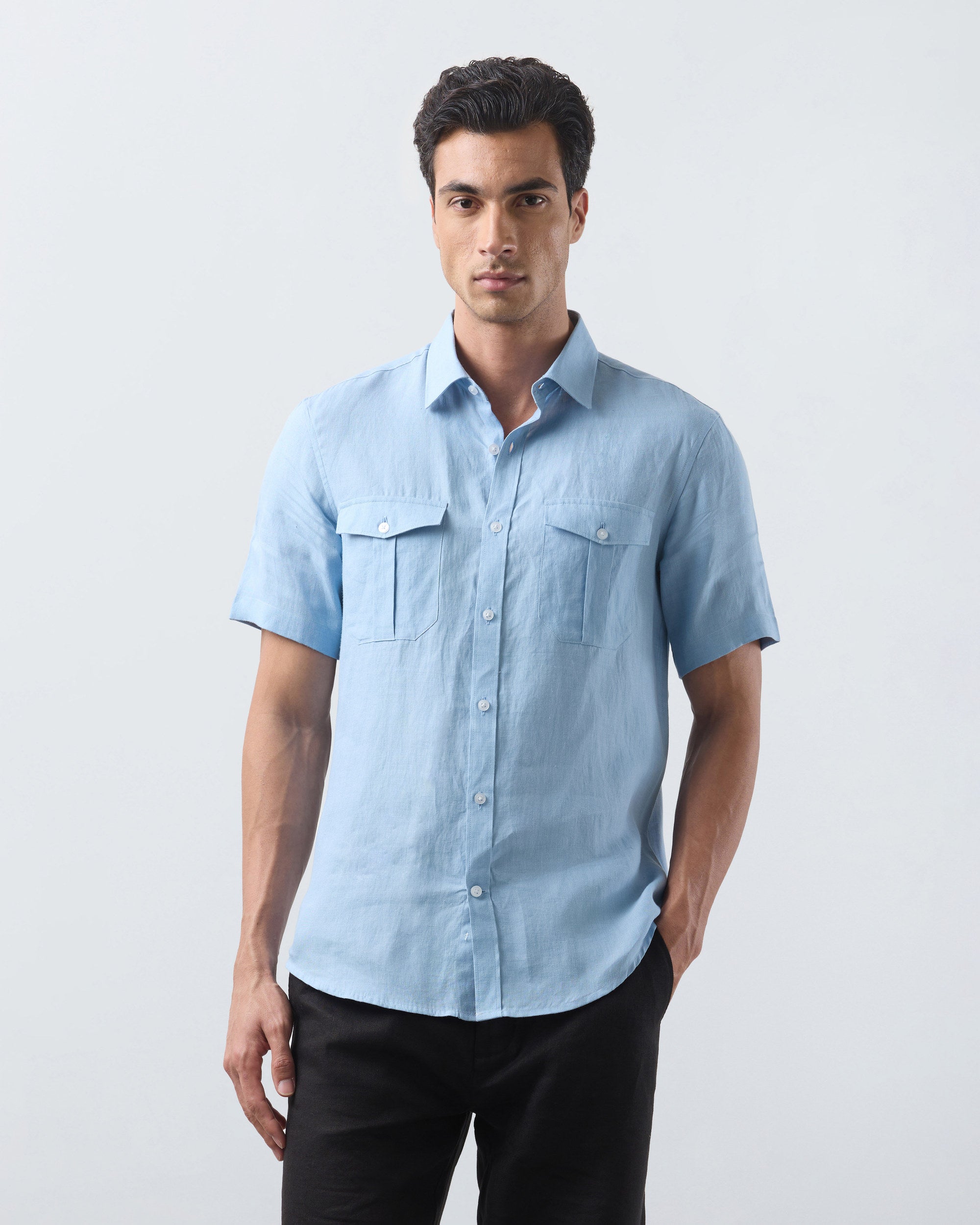 KANSO Sky Blue Linen Shirt, short sleeve, three quarter view #Sleeve_Short
