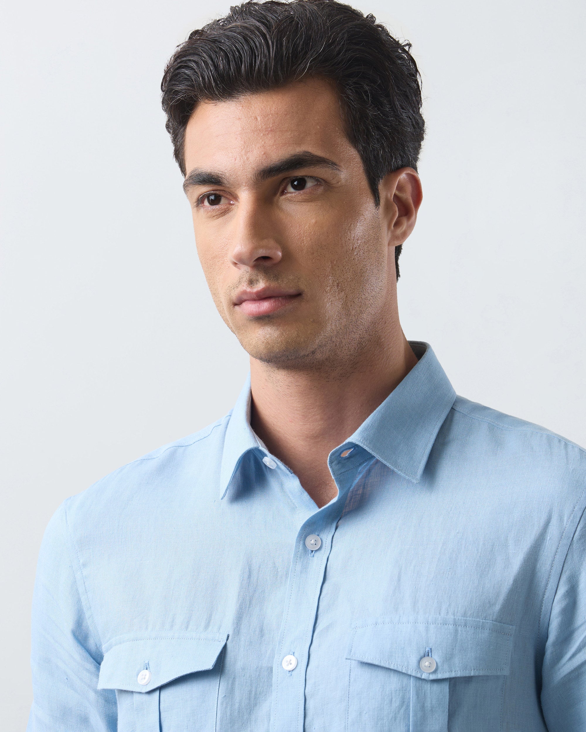 KANSO Sky Blue Linen Shirt, short sleeve, collar detail #Sleeve_Short