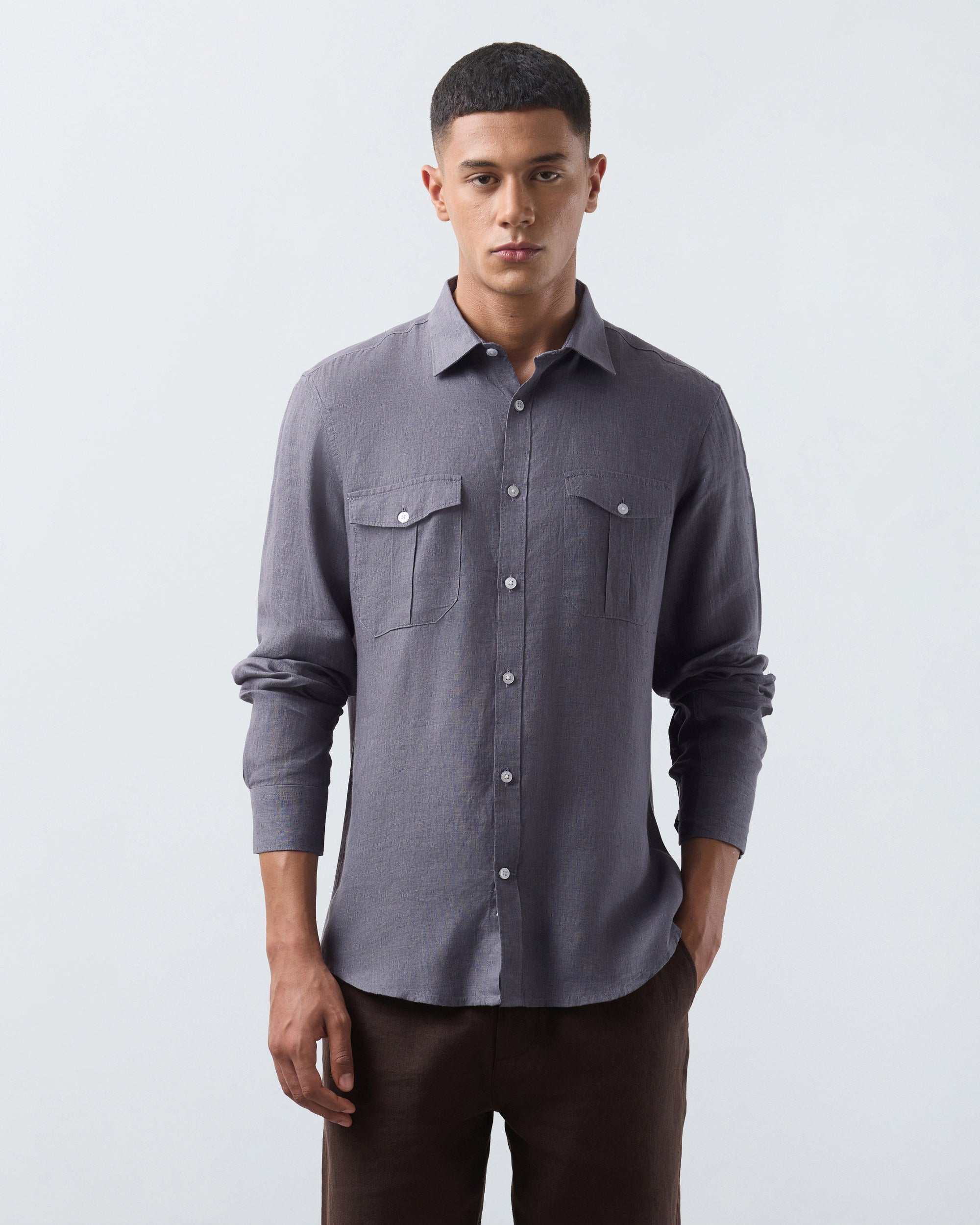 KANSO Slate Linen Shirt, long sleeve, front #Sleeve_Long