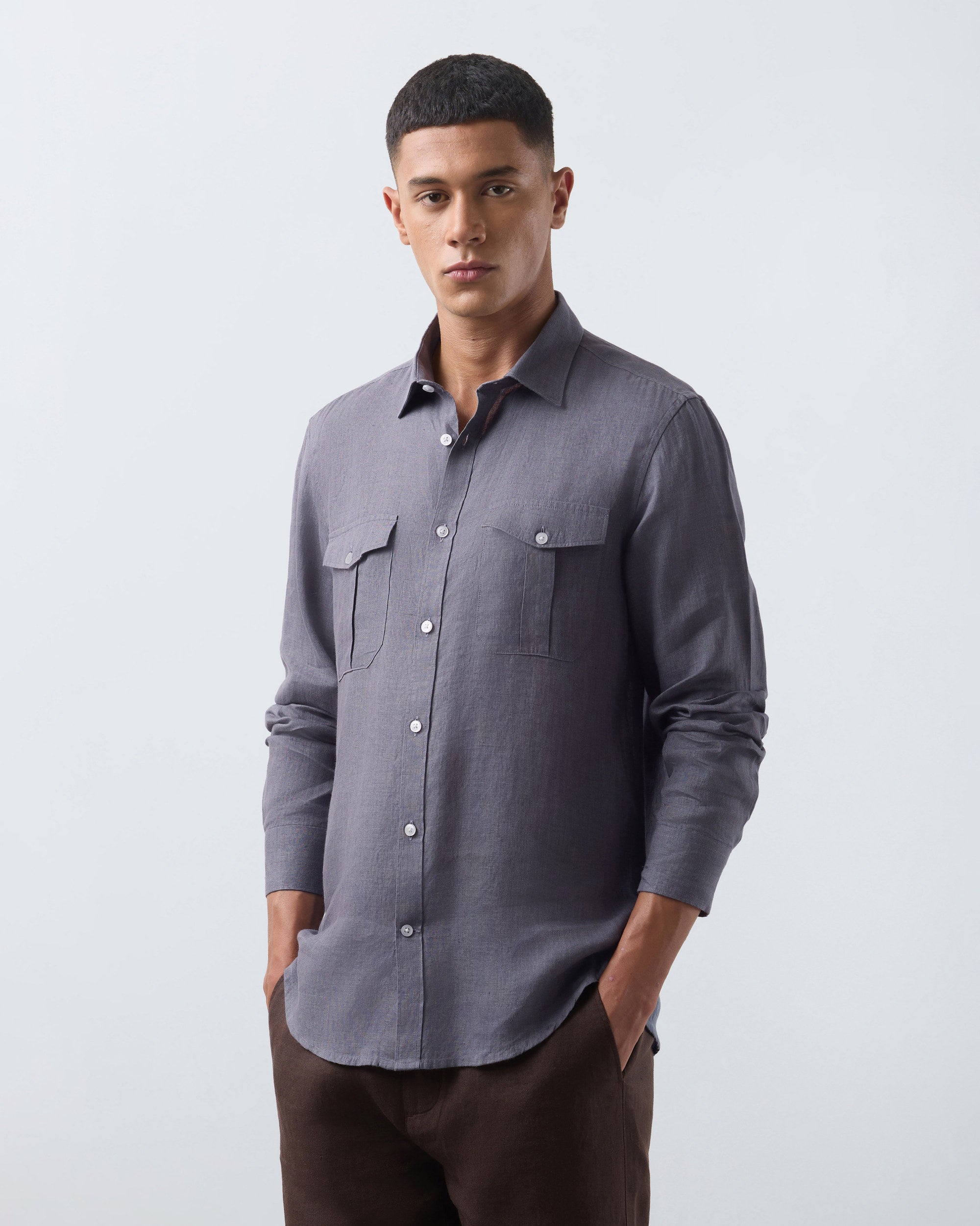 KANSO Slate Linen Shirt, long sleeve, three quarter view #Sleeve_Long