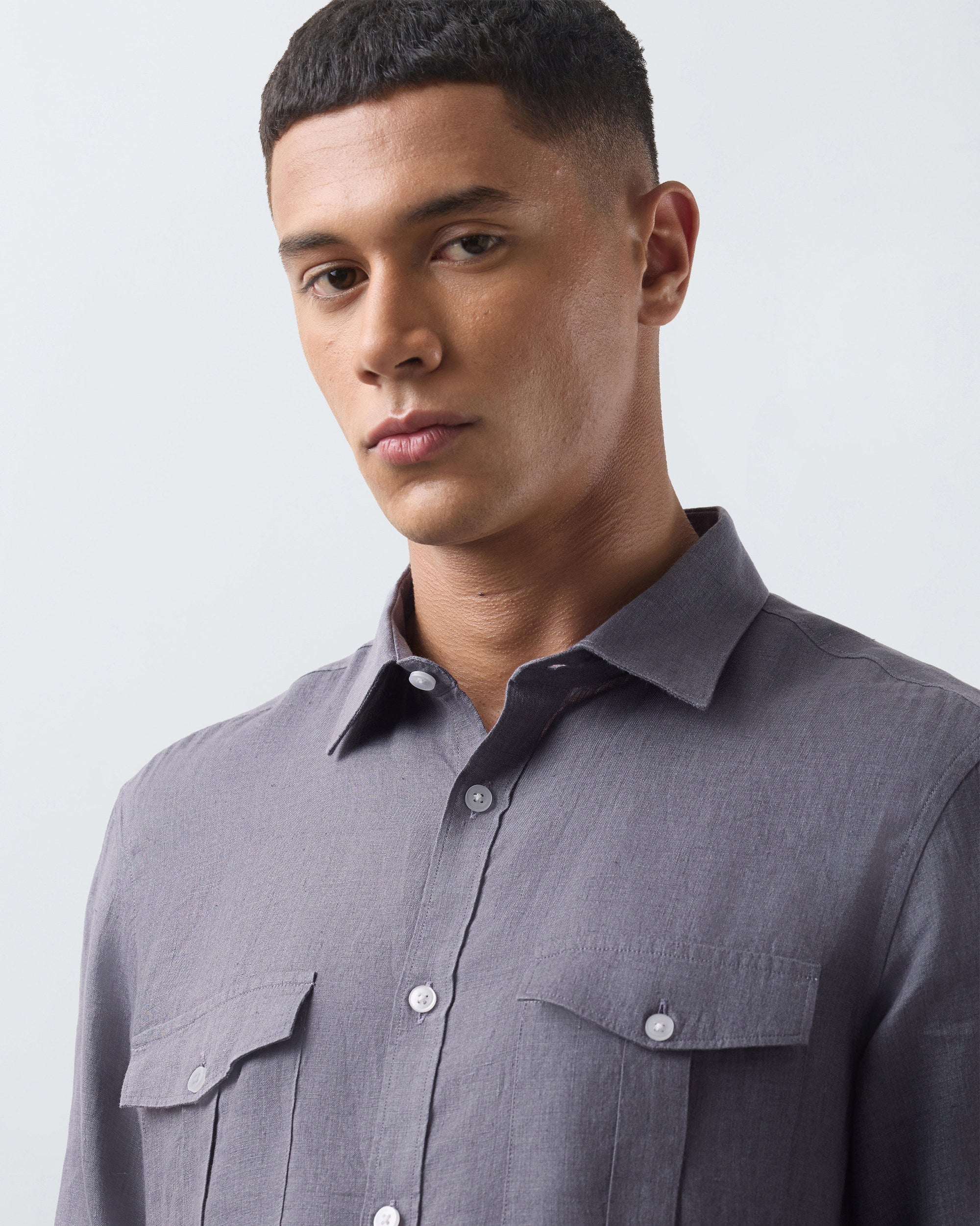 KANSO Slate Linen Shirt, long sleeve, collar detail #Sleeve_Long