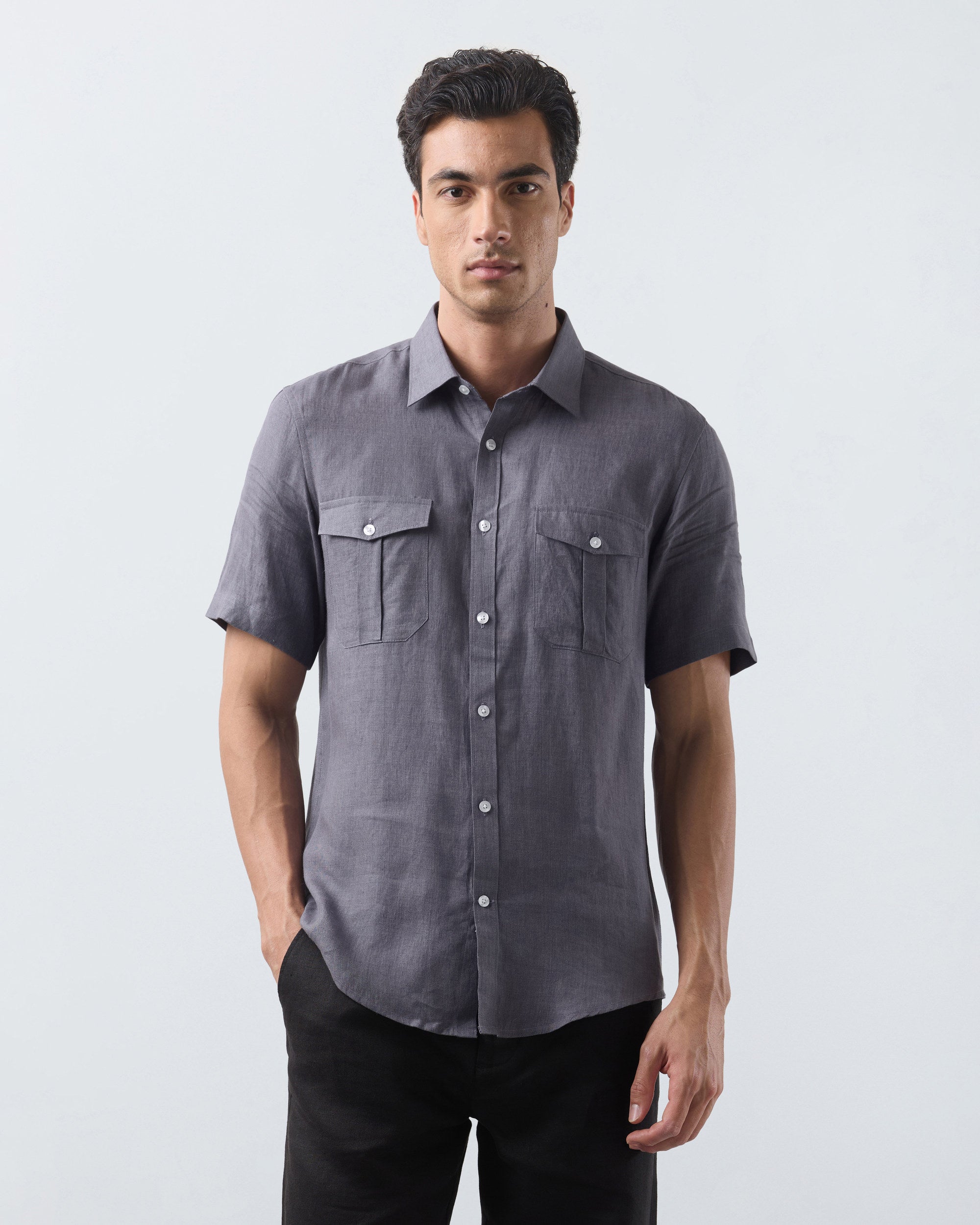 KANSO Slate Linen Shirt, short sleeve, front #Sleeve_Short