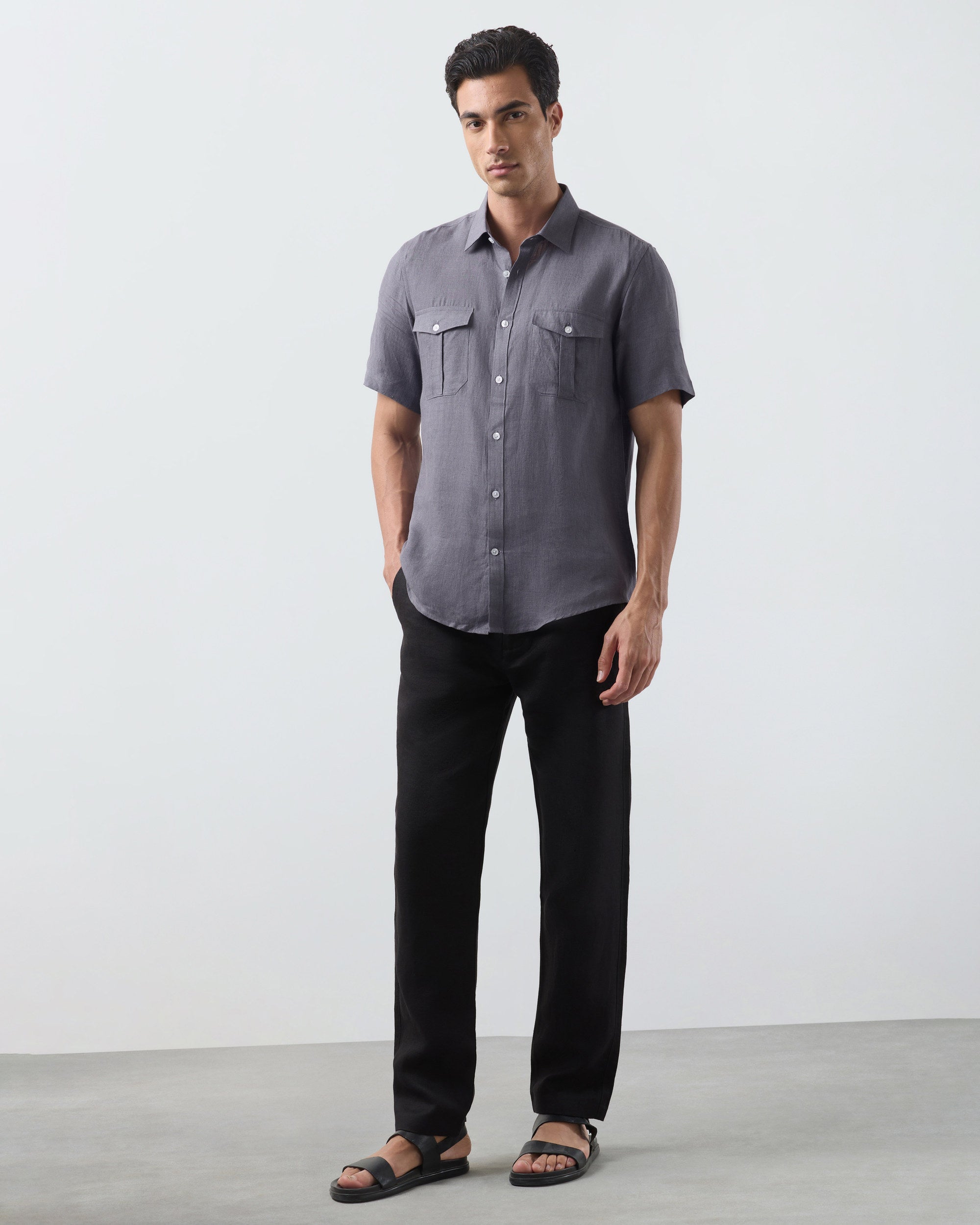 KANSO Slate Linen Shirt, short sleeve, full length #Sleeve_Short