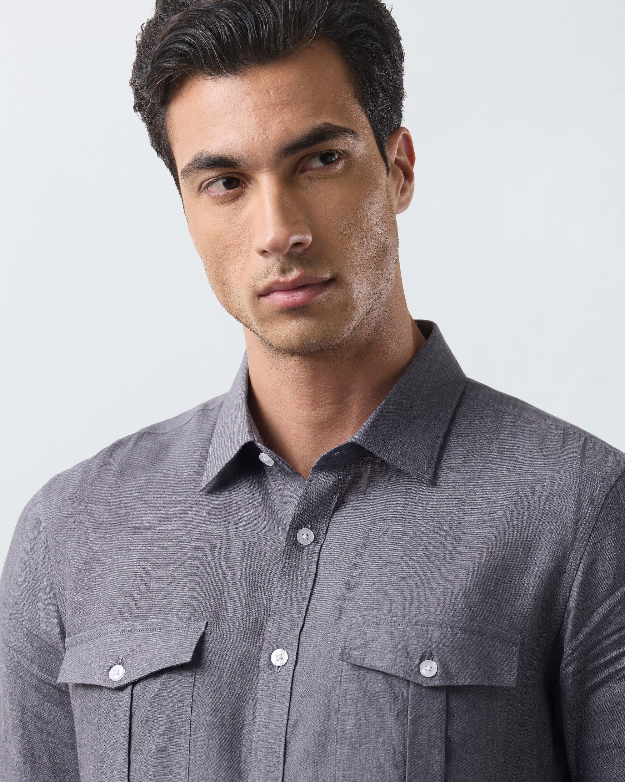 KANSO Slate Linen Shirt, short sleeve, collar detail #Sleeve_Short