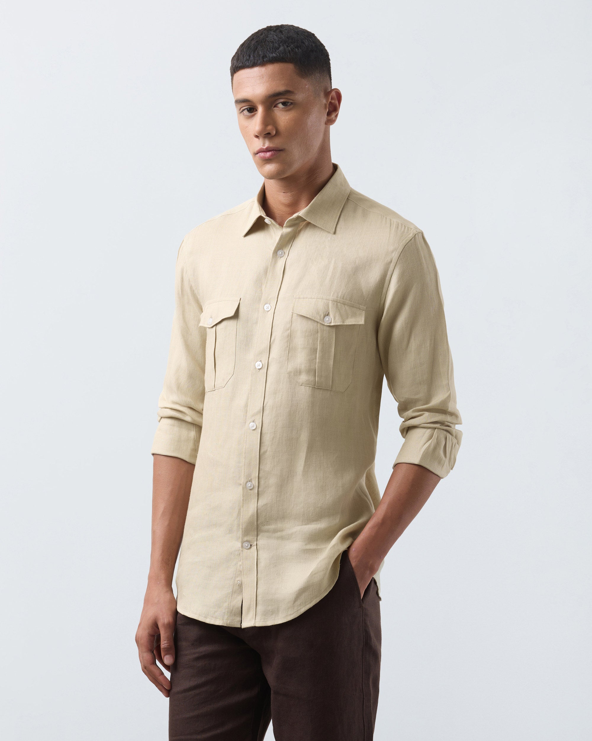 KANSO Tan Linen Shirt, long sleeve, hand in pocket #Sleeve_Long