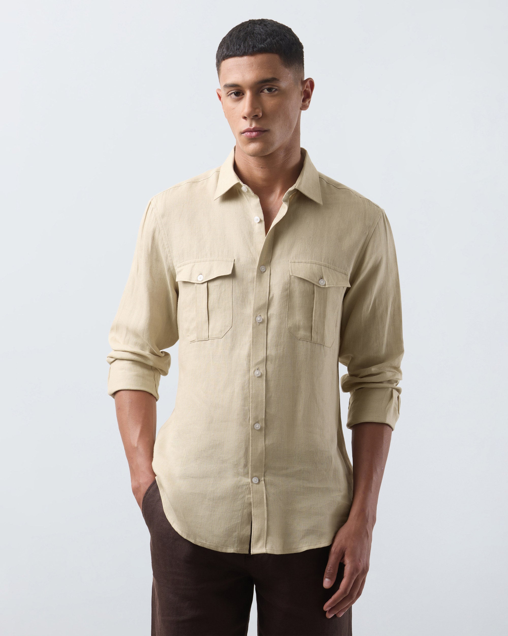 KANSO Tan Linen Shirt, long sleeve, three quarter view #Sleeve_Long