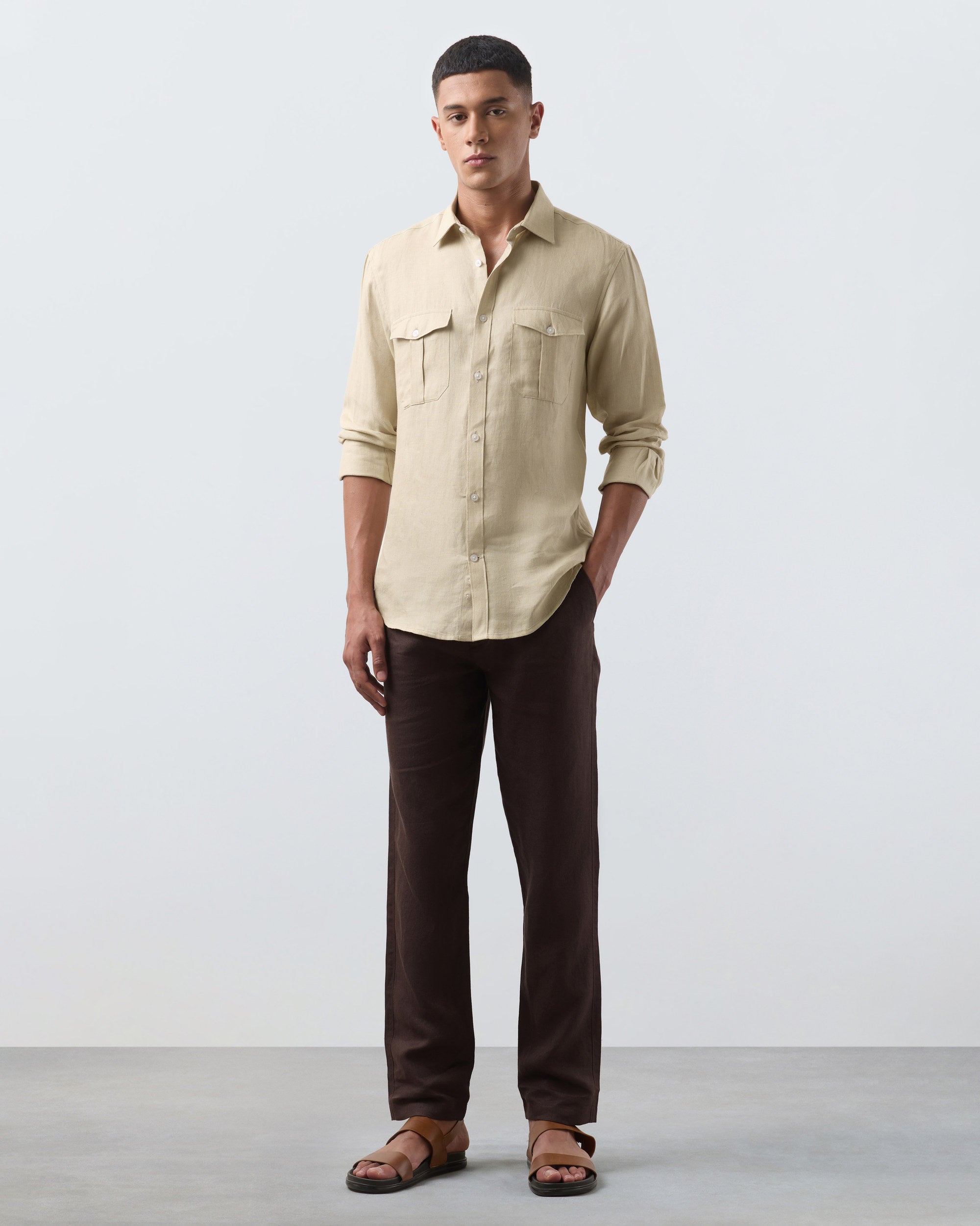 KANSO Tan Linen Shirt, long sleeve, full length #Sleeve_Long