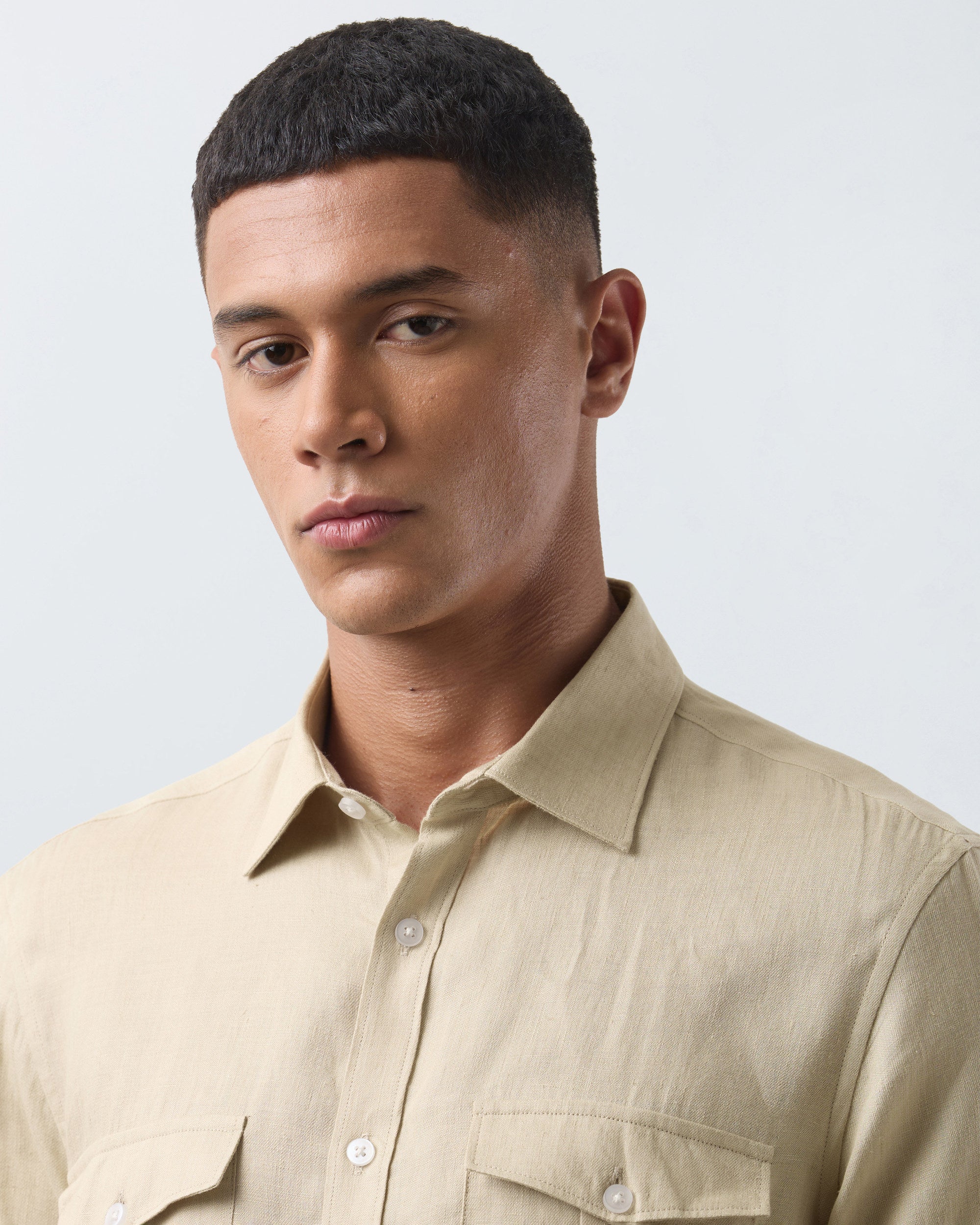KANSO Tan Linen Shirt, long sleeve, collar detail #Sleeve_Long