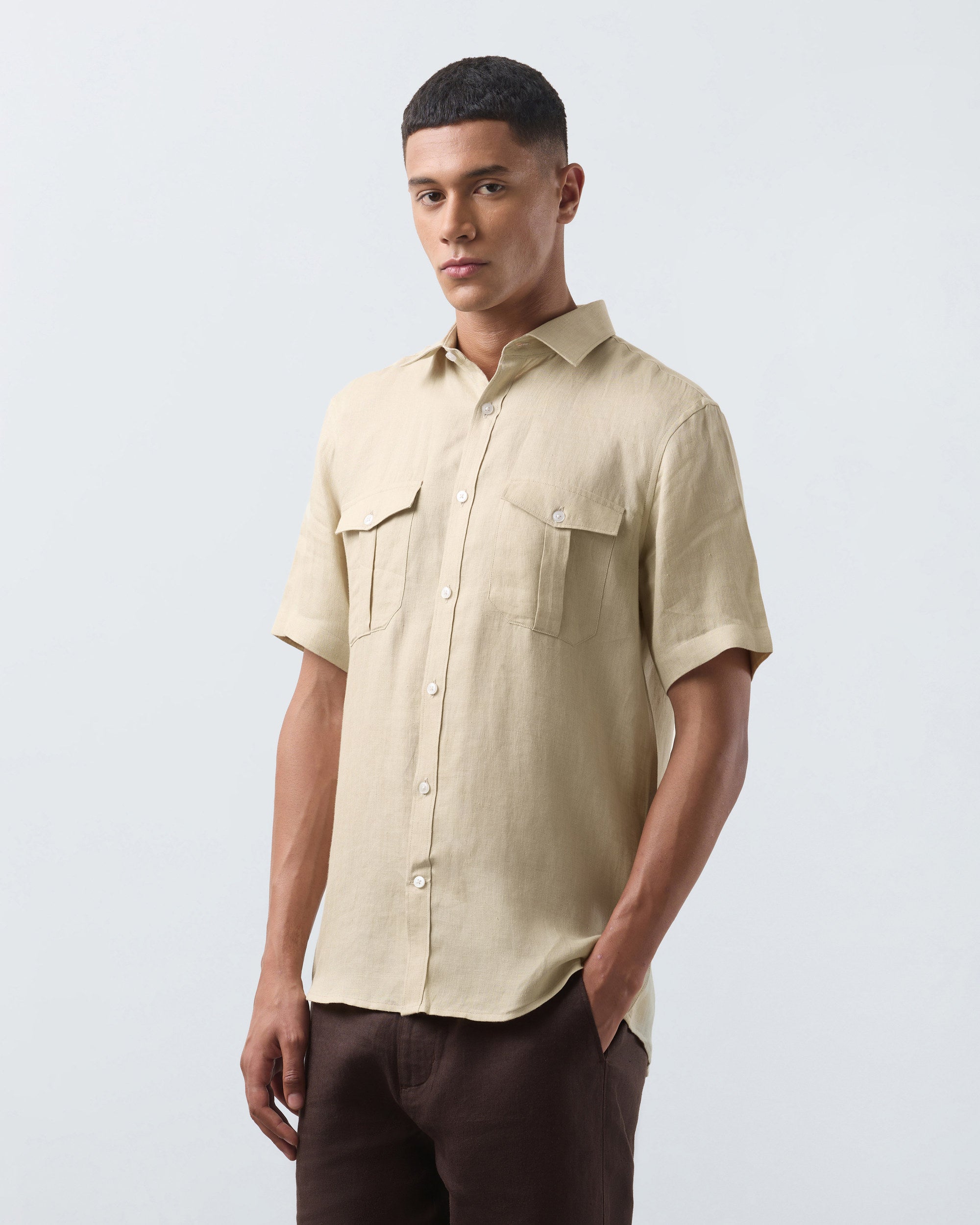 KANSO Tan Linen Shirt, short sleeve, hand in pocket #Sleeve_Short