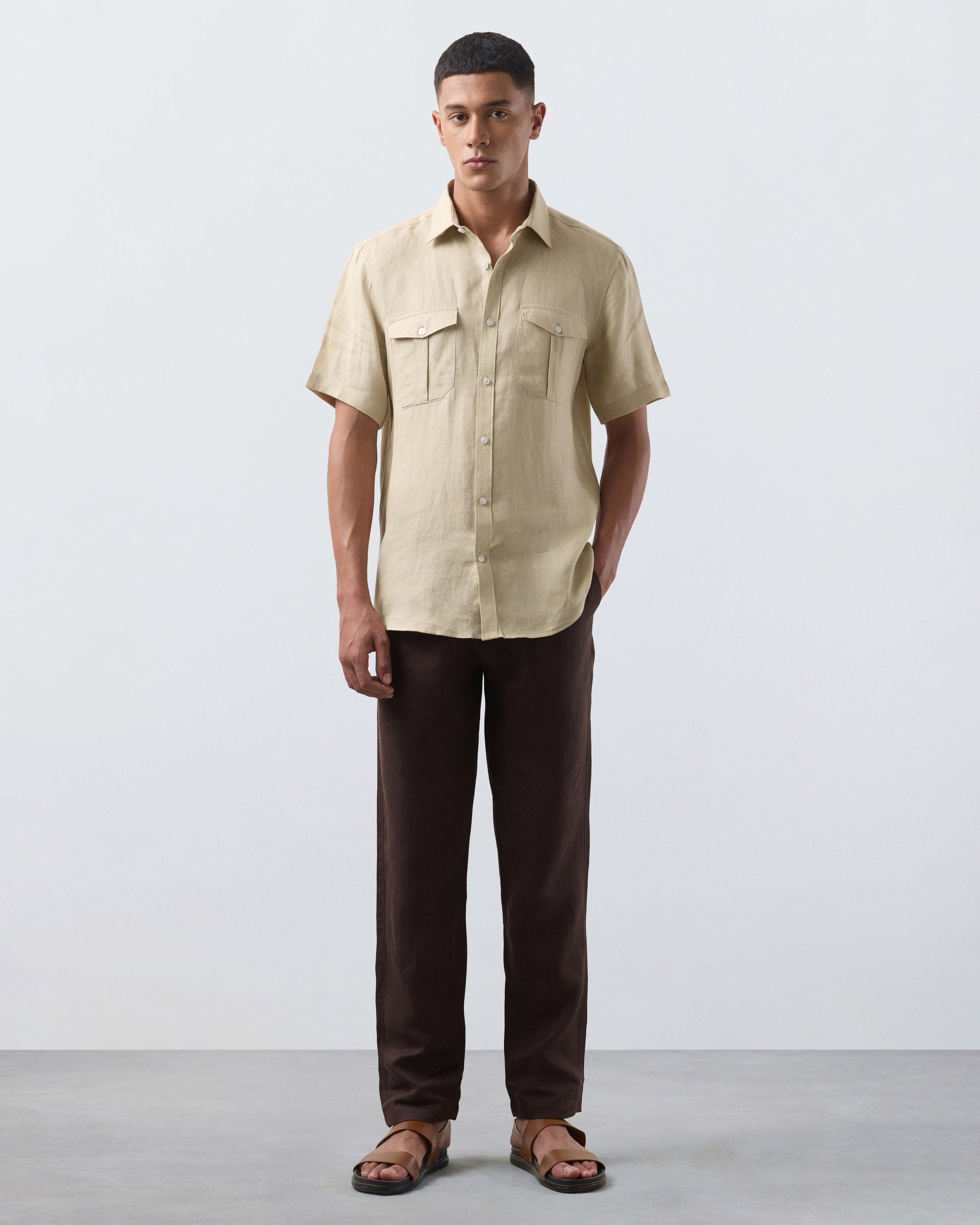 KANSO Tan Linen Shirt, short sleeve, full length #Sleeve_Short