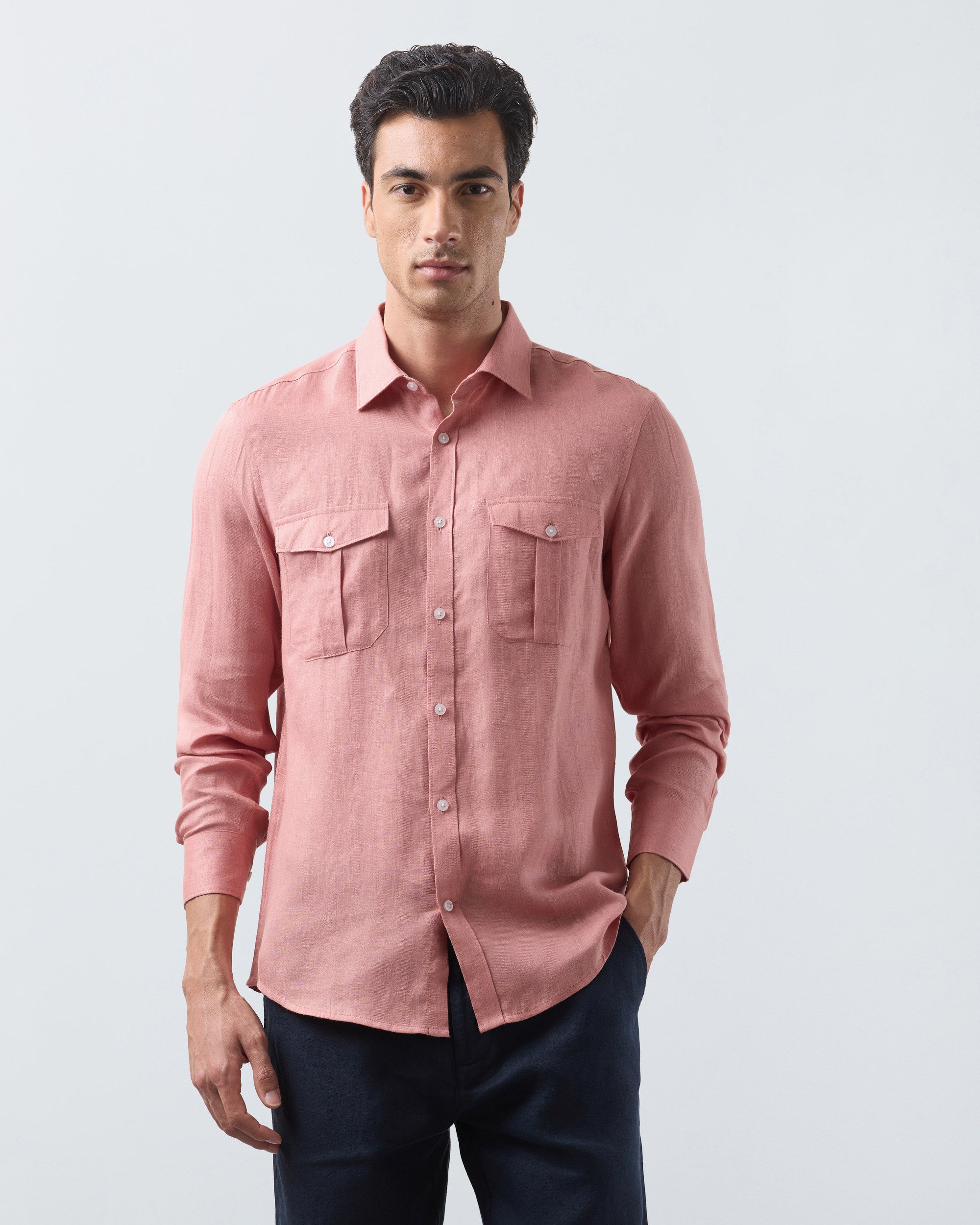 KANSO Terracotta Linen Shirt, long sleeve, hand in pocket #Sleeve_Long