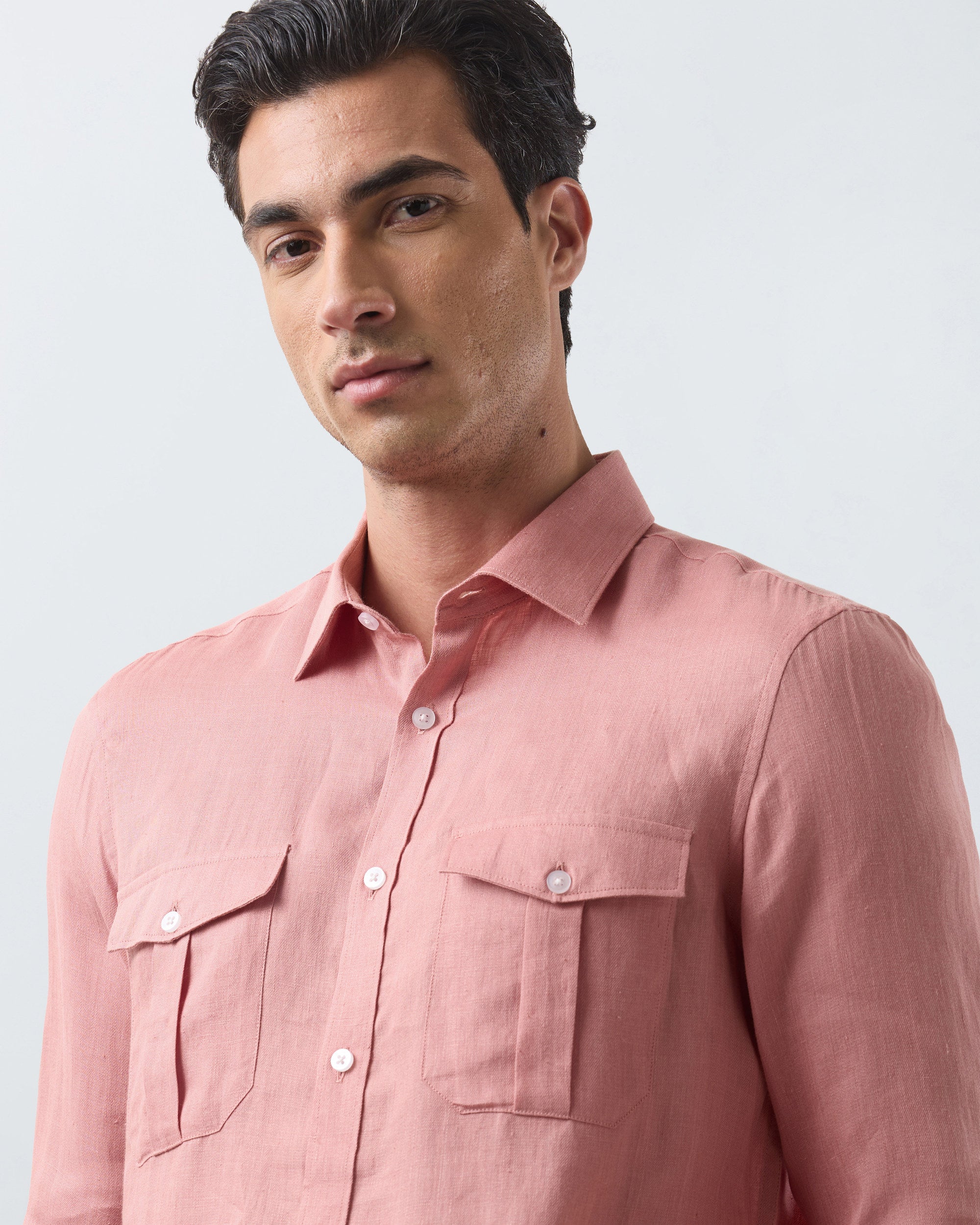 KANSO Terracotta Linen Shirt, long sleeve, collar detail #Sleeve_Long