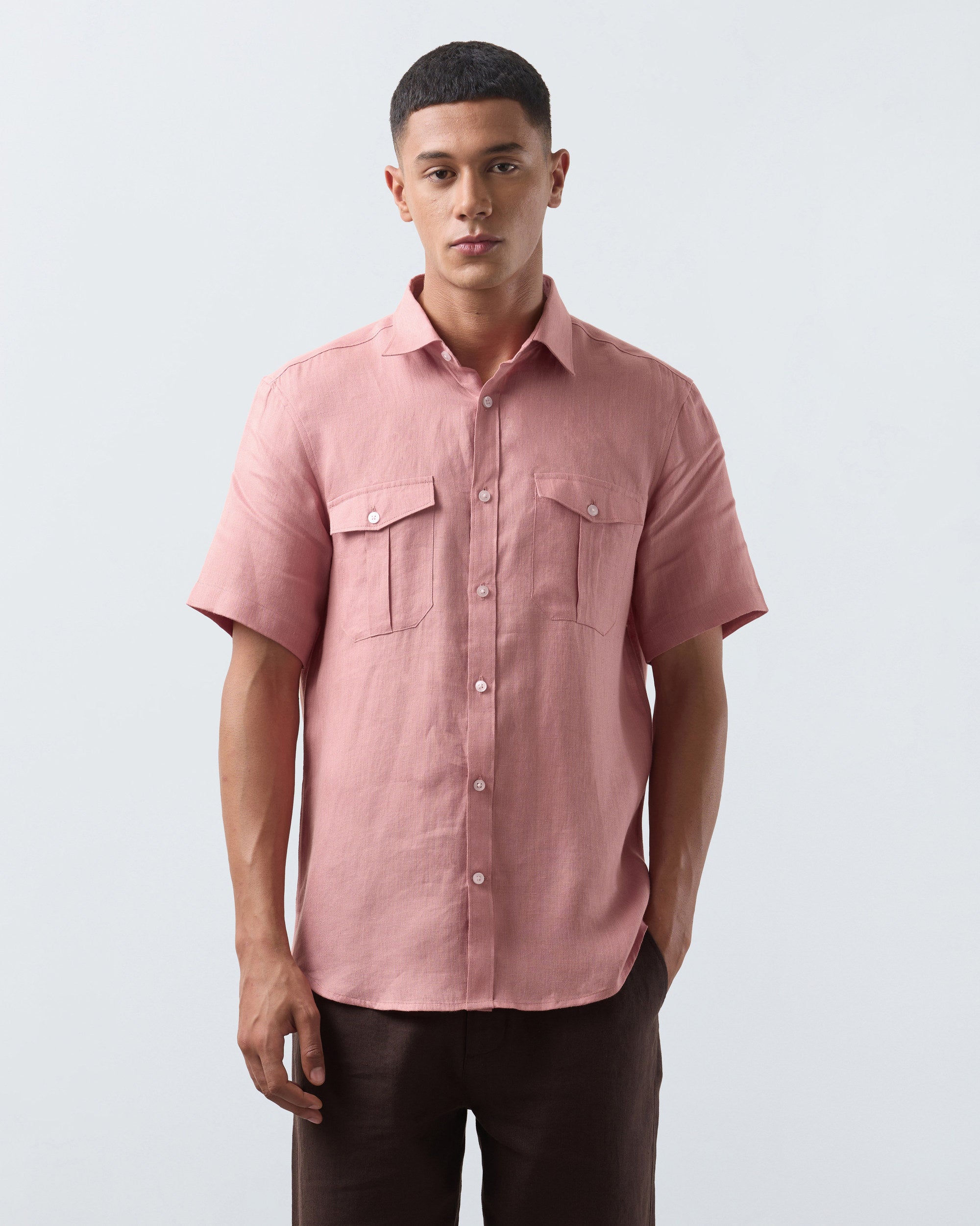 KANSO Terracotta Linen Shirt, short sleeve, front #Sleeve_Short