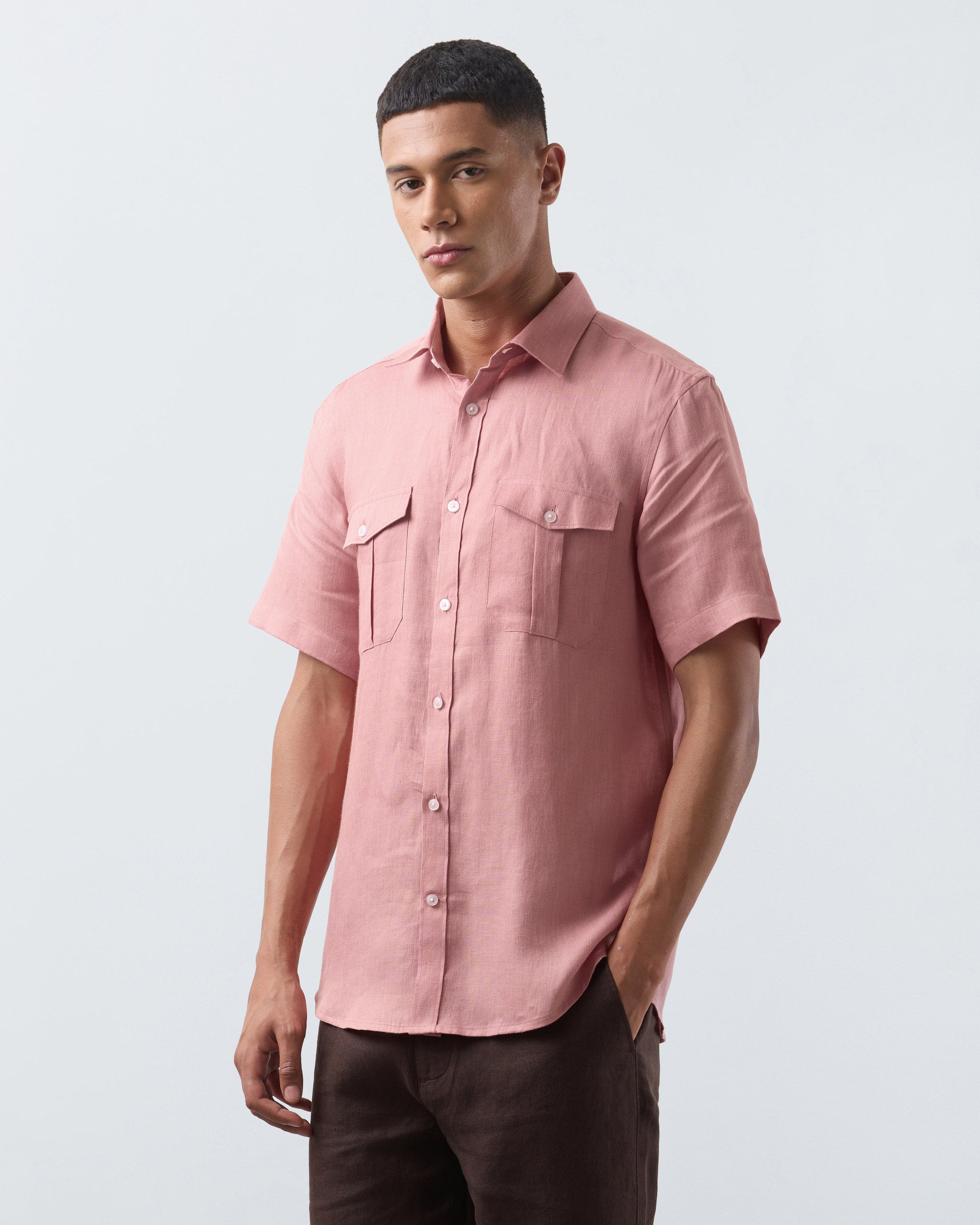 KANSO Terracotta Linen Shirt, short sleeve, hand in pocket #Sleeve_Short