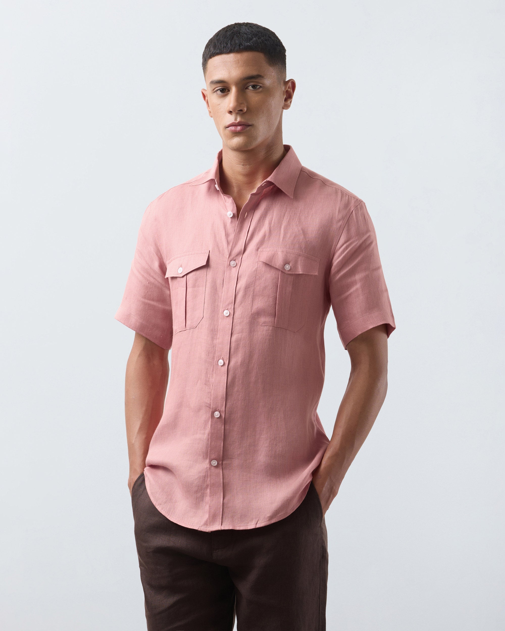 KANSO Terracotta Linen Shirt, short sleeve, three quarter view #Sleeve_Short