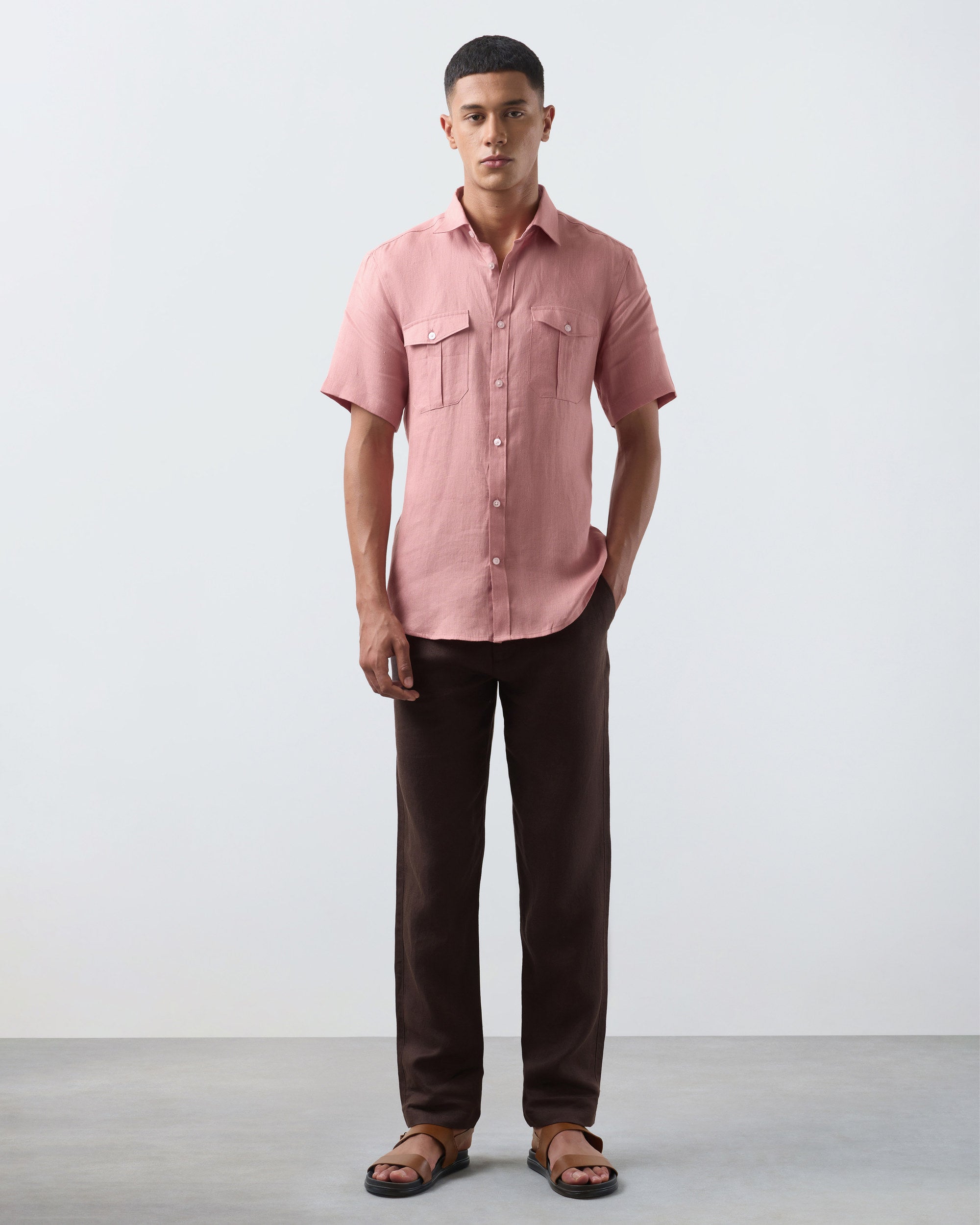 KANSO Terracotta Linen Shirt, short sleeve, full length #Sleeve_Short