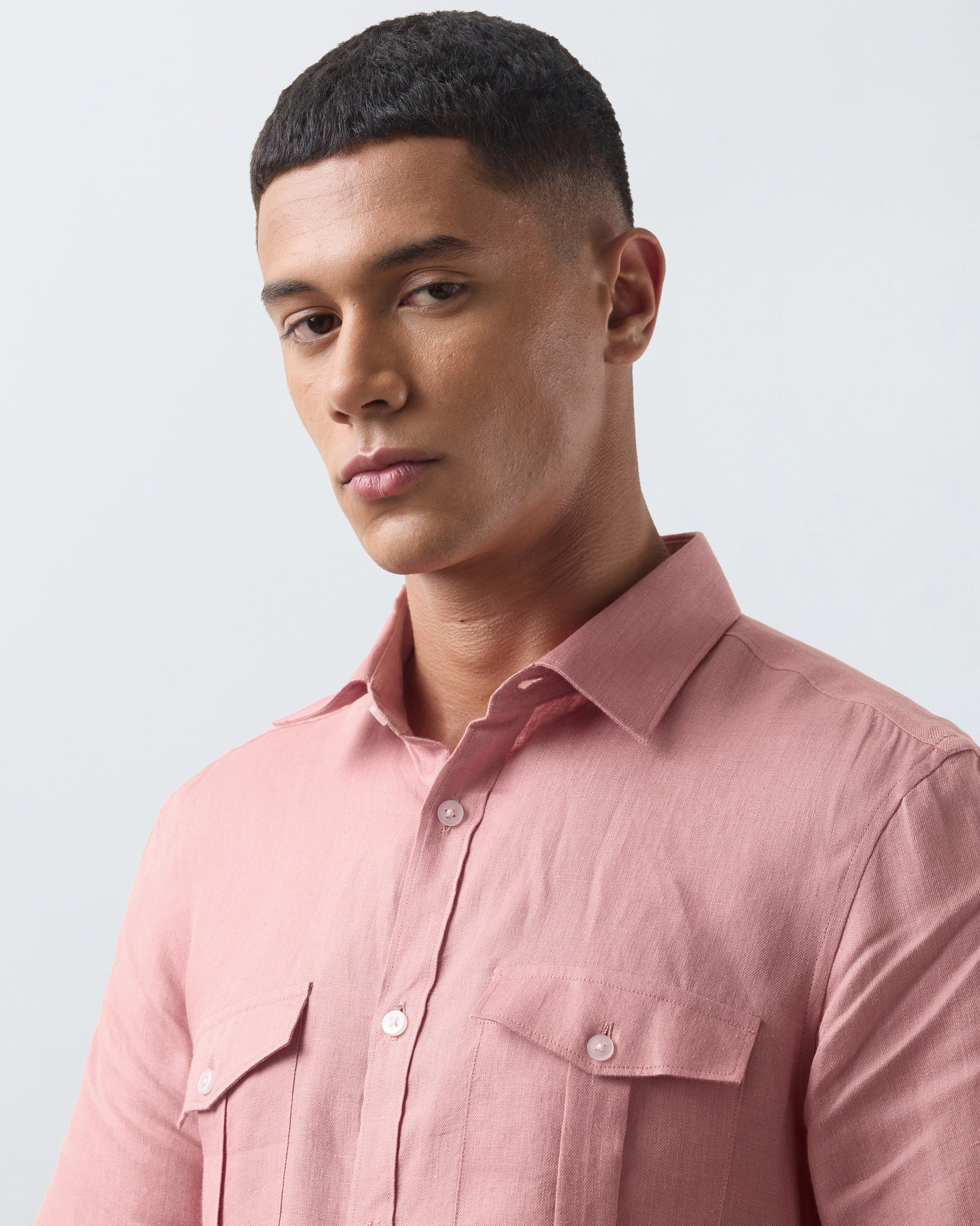 KANSO Terracotta Linen Shirt, short sleeve, collar detail #Sleeve_Short